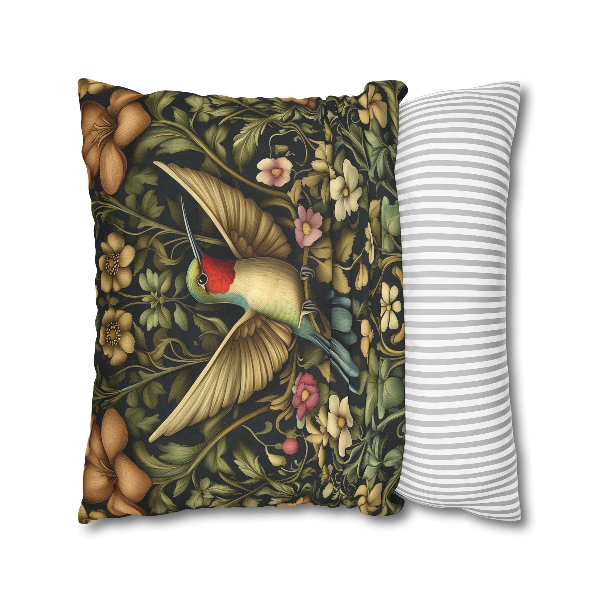 William Morris Inspired Hummingbird Floral Pillow Cover: Arts and Crafts Garden Accent