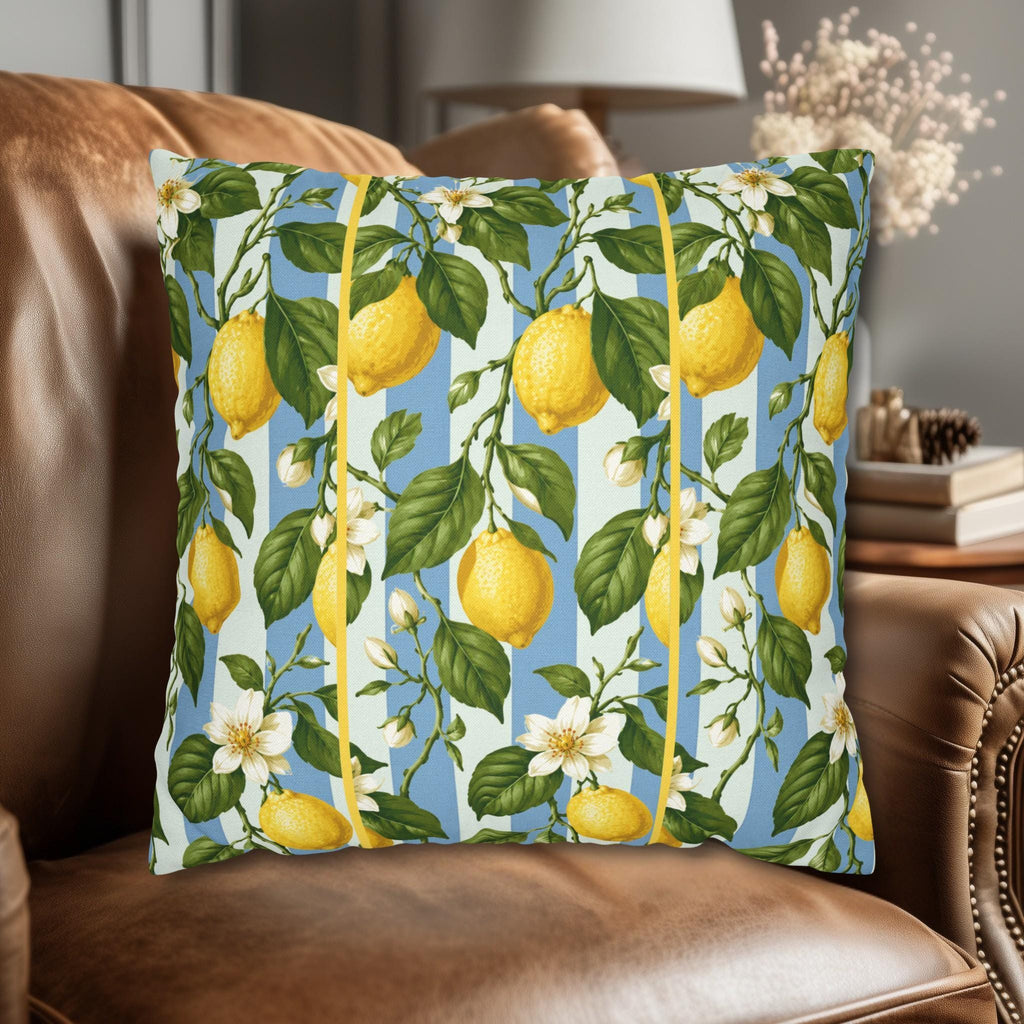 Lemon Soft Blue Stripe Pillow Cover: with Green Leaves and White Florals