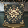 William Morris Christmas Pillow Cover: Ivory Poinsettia & Holly on Midnight Green