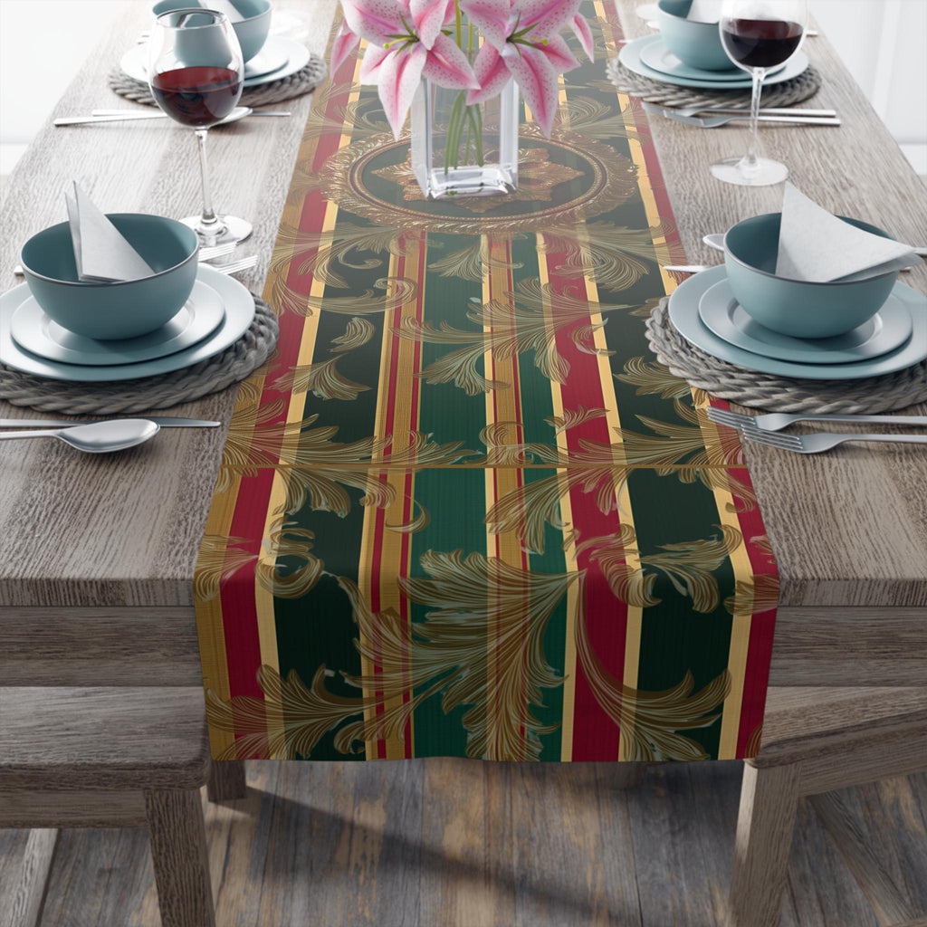 Gold Damask Christmas Table Runner: Emerald Tartan Bands & Medallion Accent