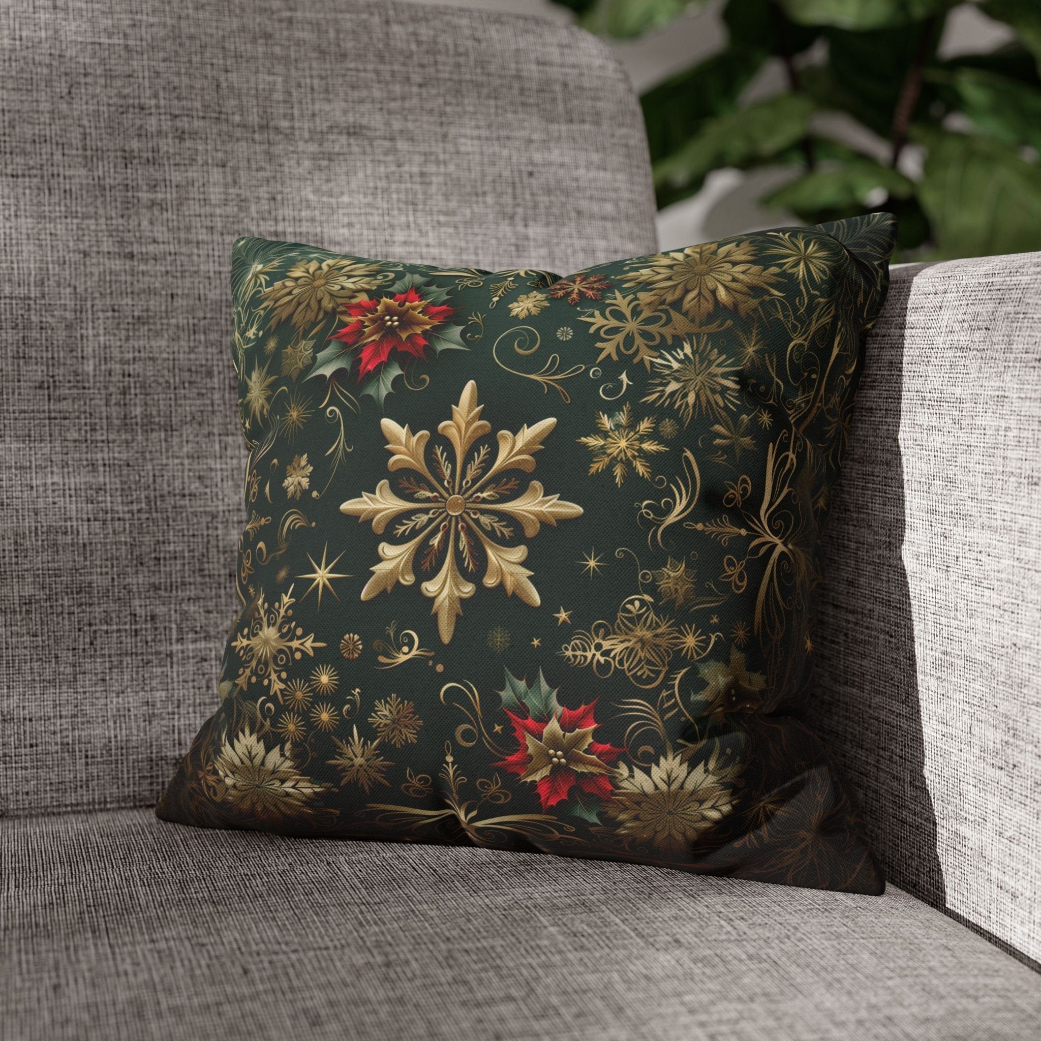 Gold Snowflake Emerald Green Holiday Pillow Cover
