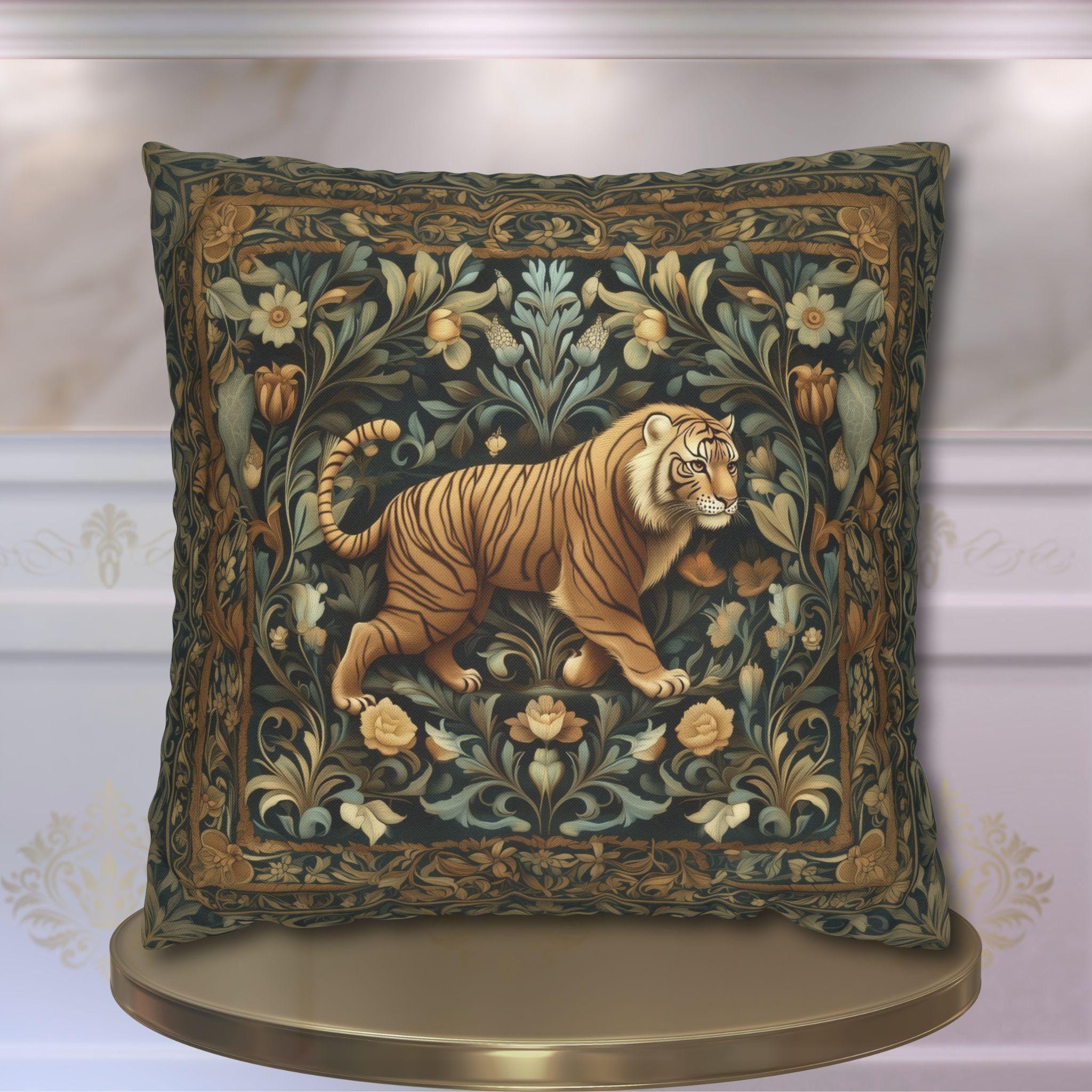 William Morris Inspired Tiger in the Garden Pillow Cover: Botanical Tapestry Accent