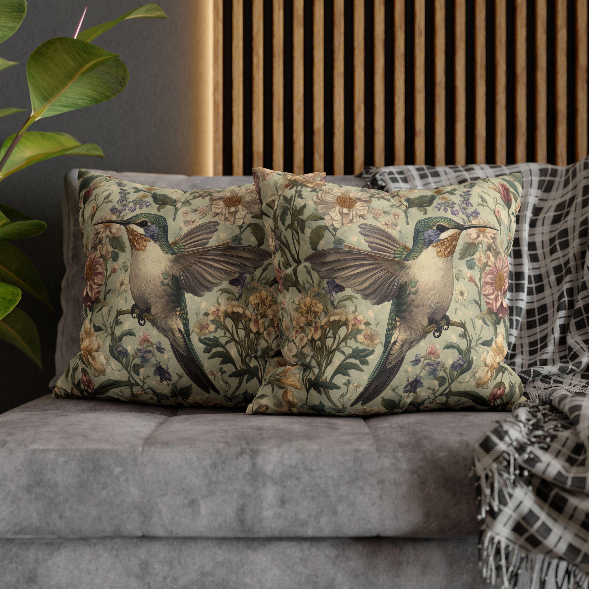 Botanical Hummingbird Tapestry Pillowcase: William Morris Inspired Arts & Crafts Floral Bird Cushion Cover