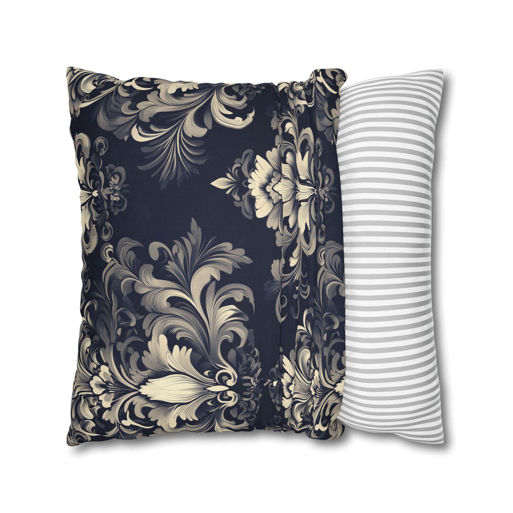 Damask Inspired Pillow Cover, Opulent Floral Scroll Motif, Luxury Ivory & Blue Square Pillowcase