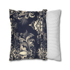 Damask Inspired Pillow Cover, Opulent Floral Scroll Motif, Luxury Ivory & Blue Square Pillowcase
