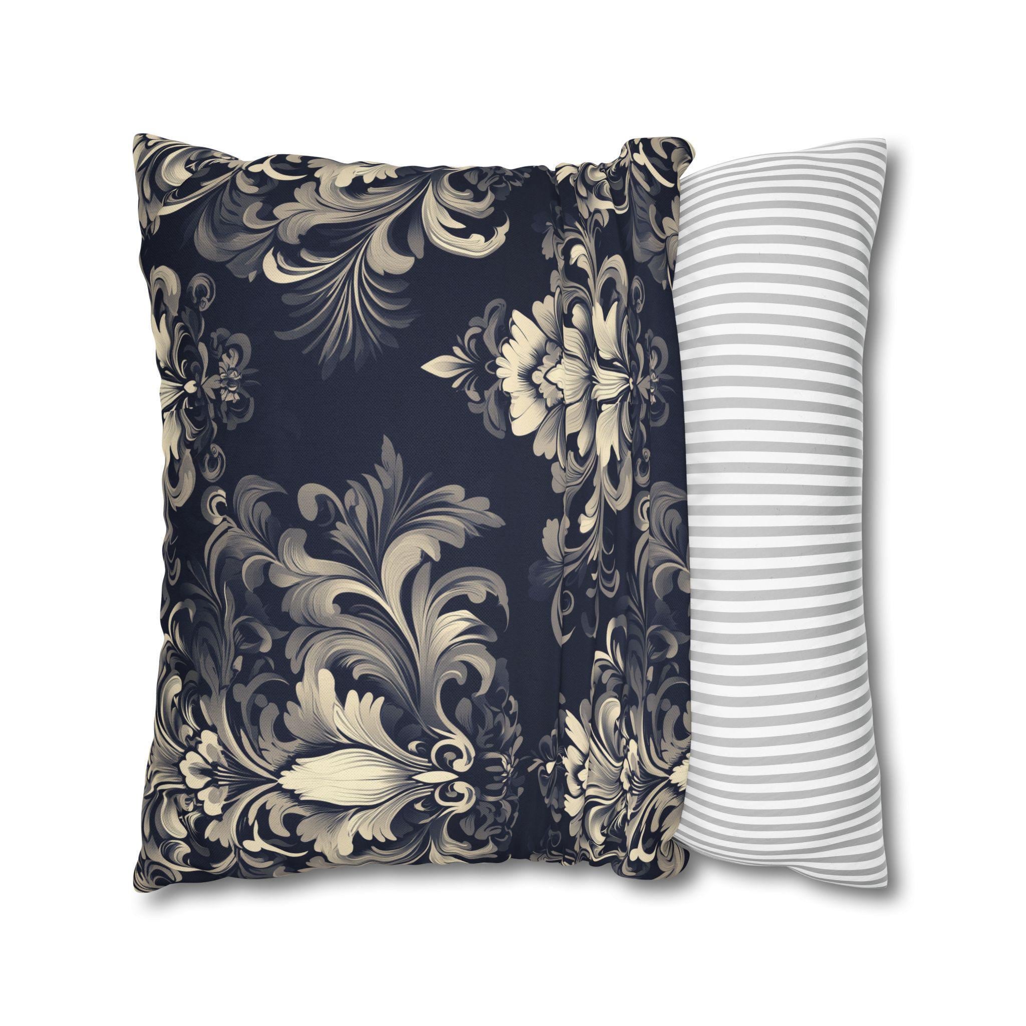 Damask Inspired Pillow Cover, Opulent Floral Scroll Motif, Luxury Ivory & Blue Square Pillowcase