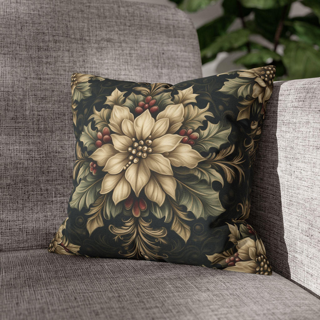 William Morris Christmas Pillow Cover: Ivory Poinsettia & Holly on Midnight Green