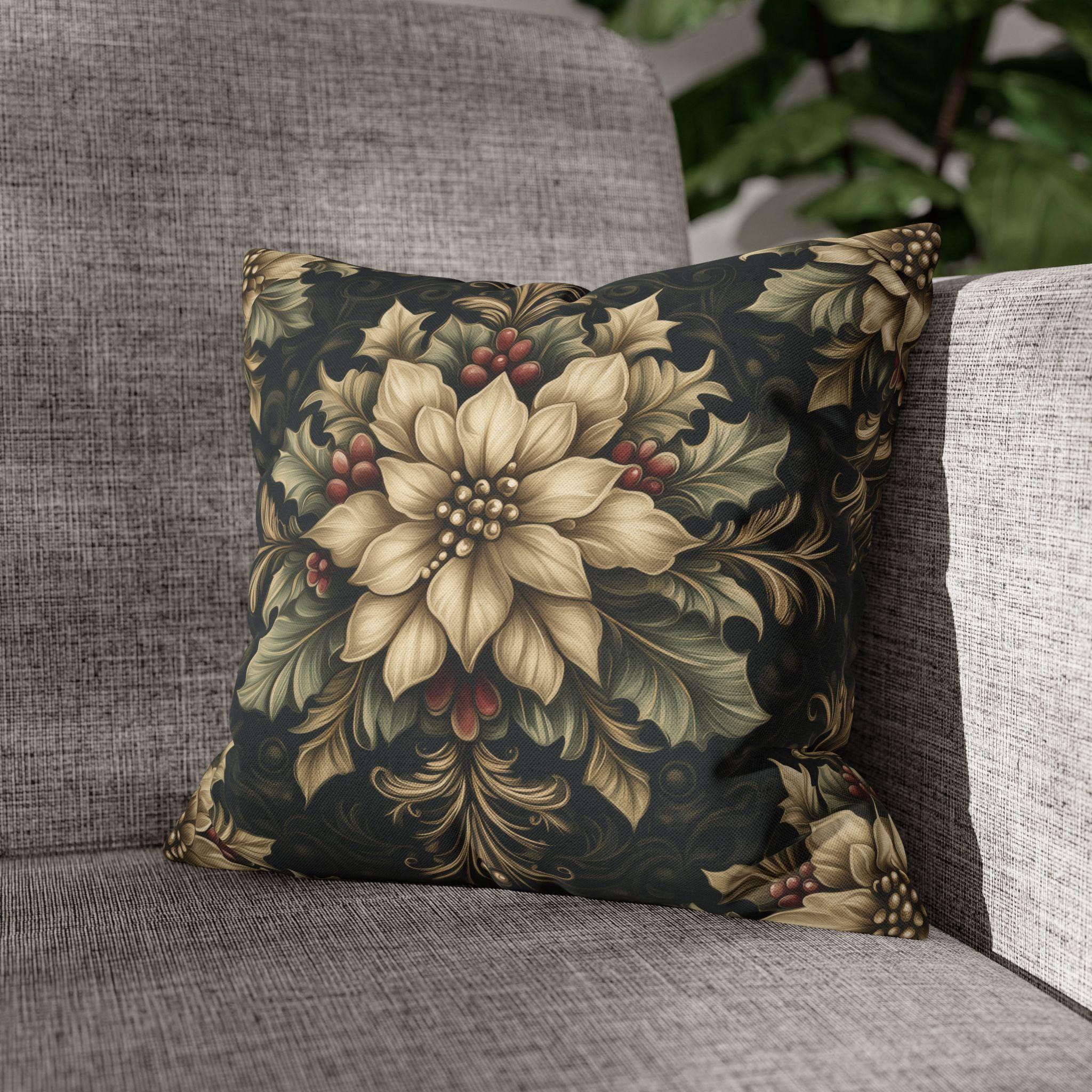 William Morris Christmas Pillow Cover: Ivory Poinsettia & Holly on Midnight Green