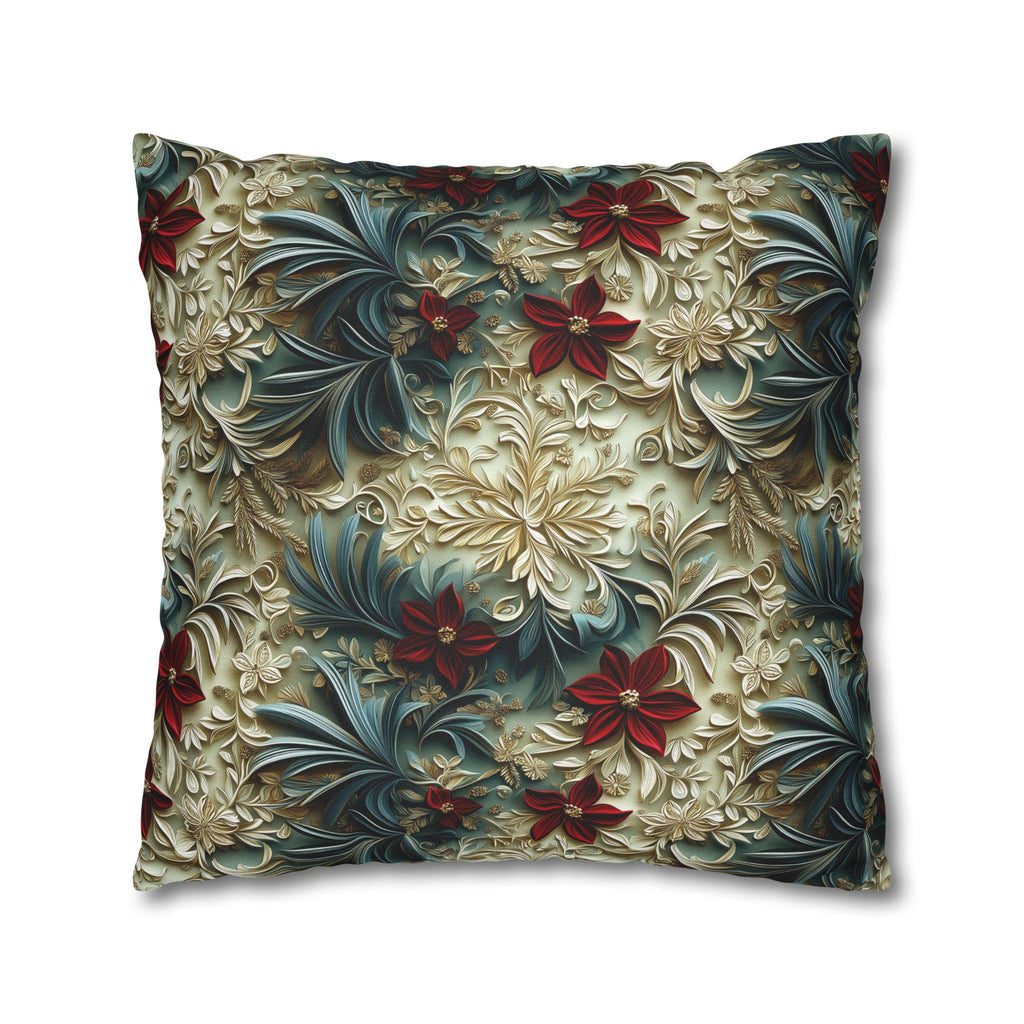 Luxurious Poinsettia Floral Pillow Cover: Elegant Red, Gold & Green Holiday Home Decor Accent