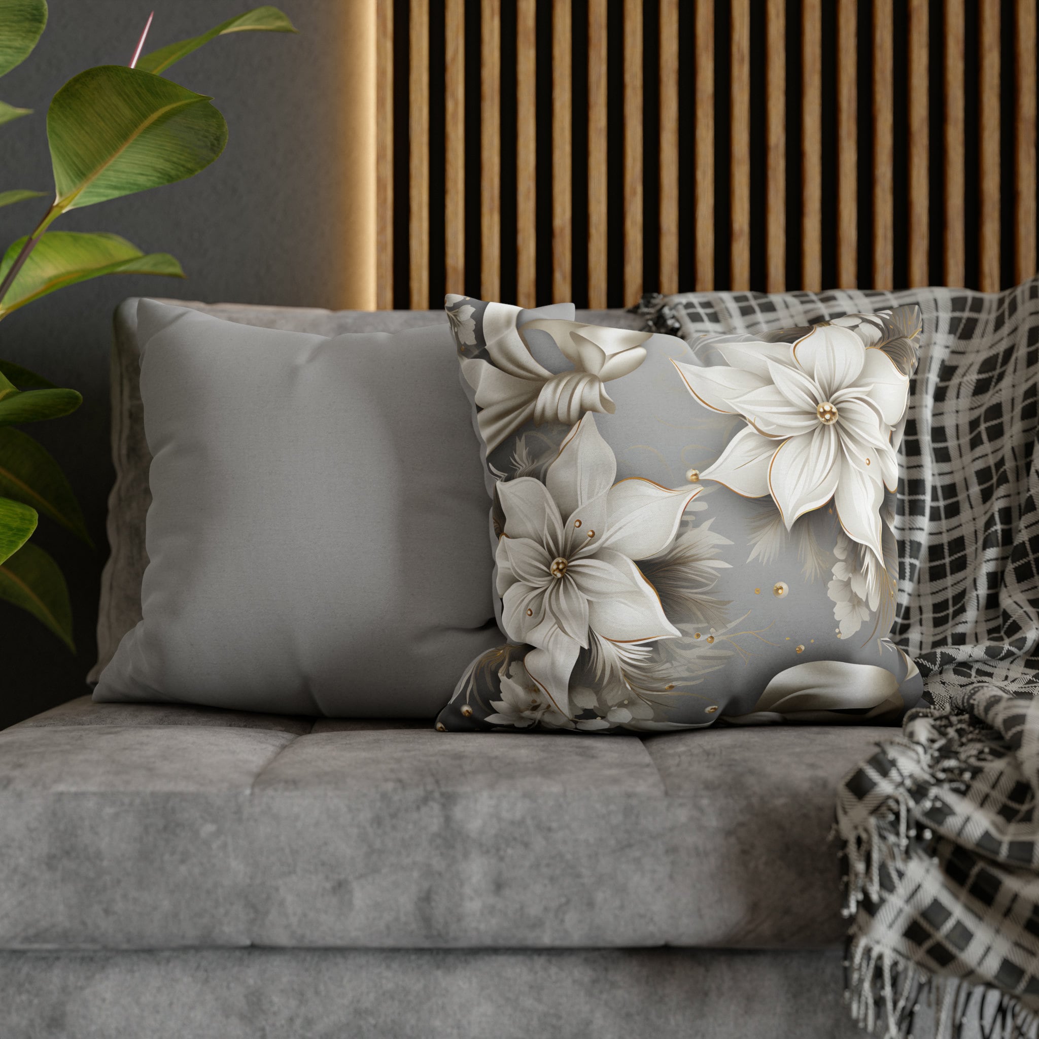 Elegant White Poinsettia Silver Ribbon Pillow Cover: Luxurious Holiday Decor for Couch