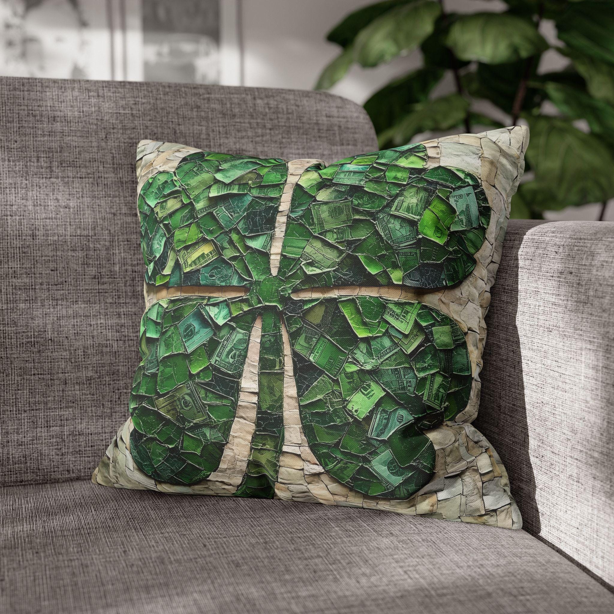 St. Patrick's Day Lucky Clover Pillowcase: Green Money Mosaic Design, Handcrafted Square Decor