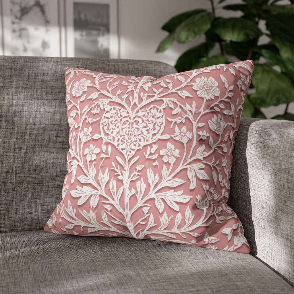William Morris Inspired Heart & Blooms Pillow Cover: Faux Lace Botanical Design