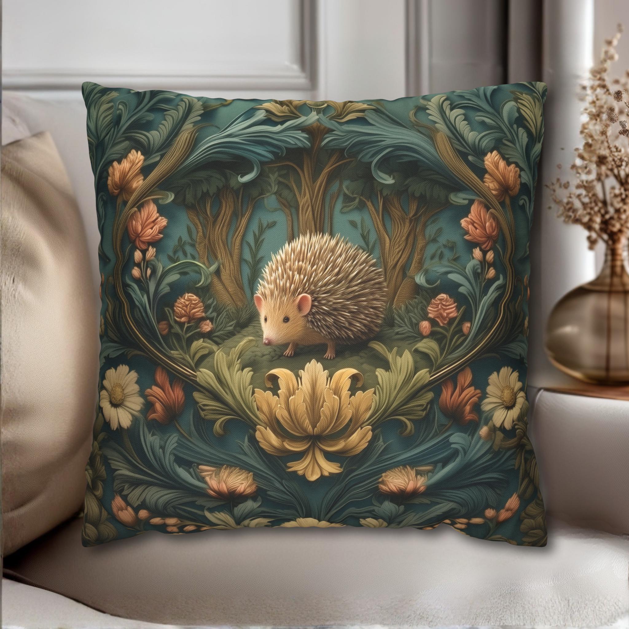 William Morris Inspired Pillow Cover: Woodland Hedgehog Storybook Forest Botanical