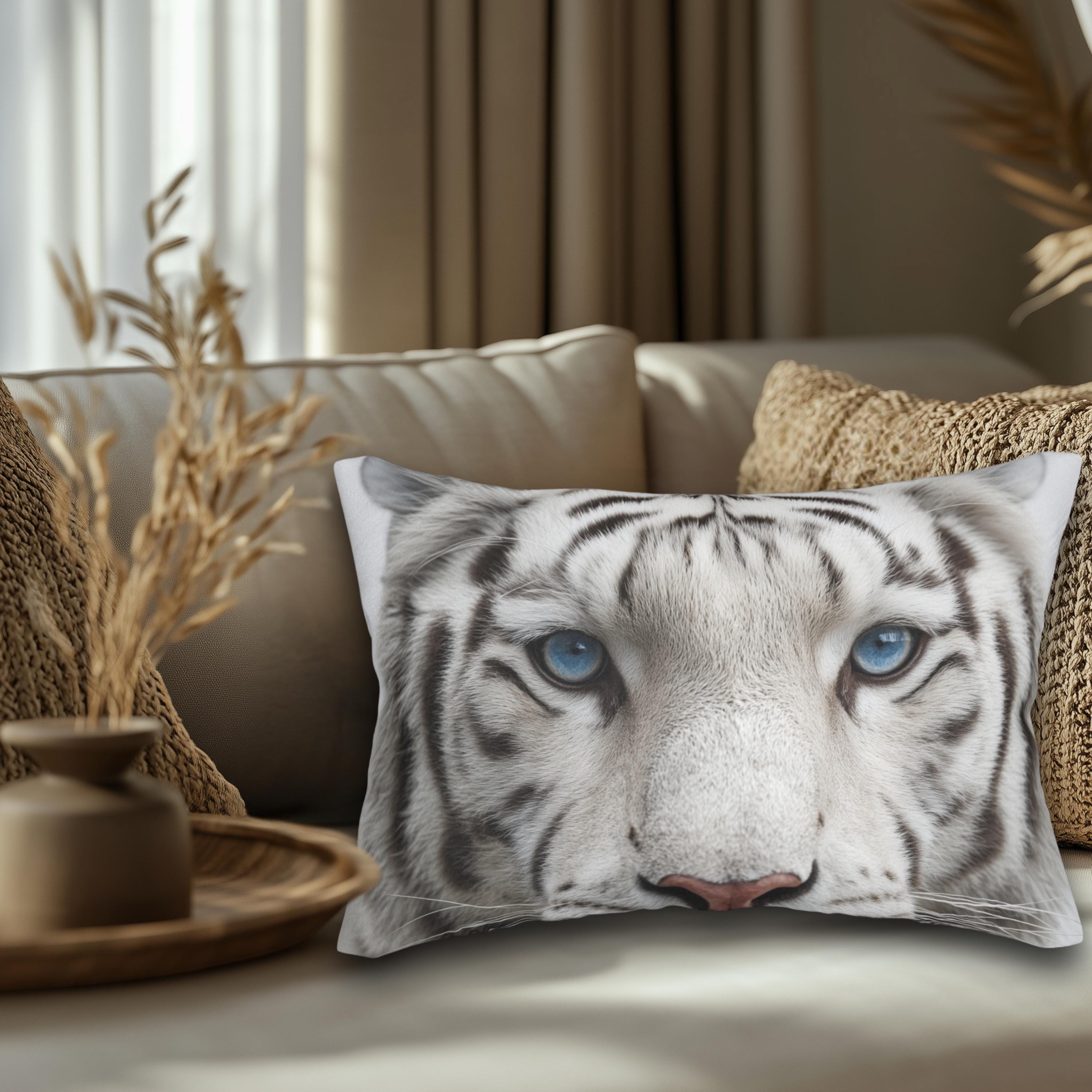 White Tiger Lumbar Pillow: Jungle Safari Accent Cushion