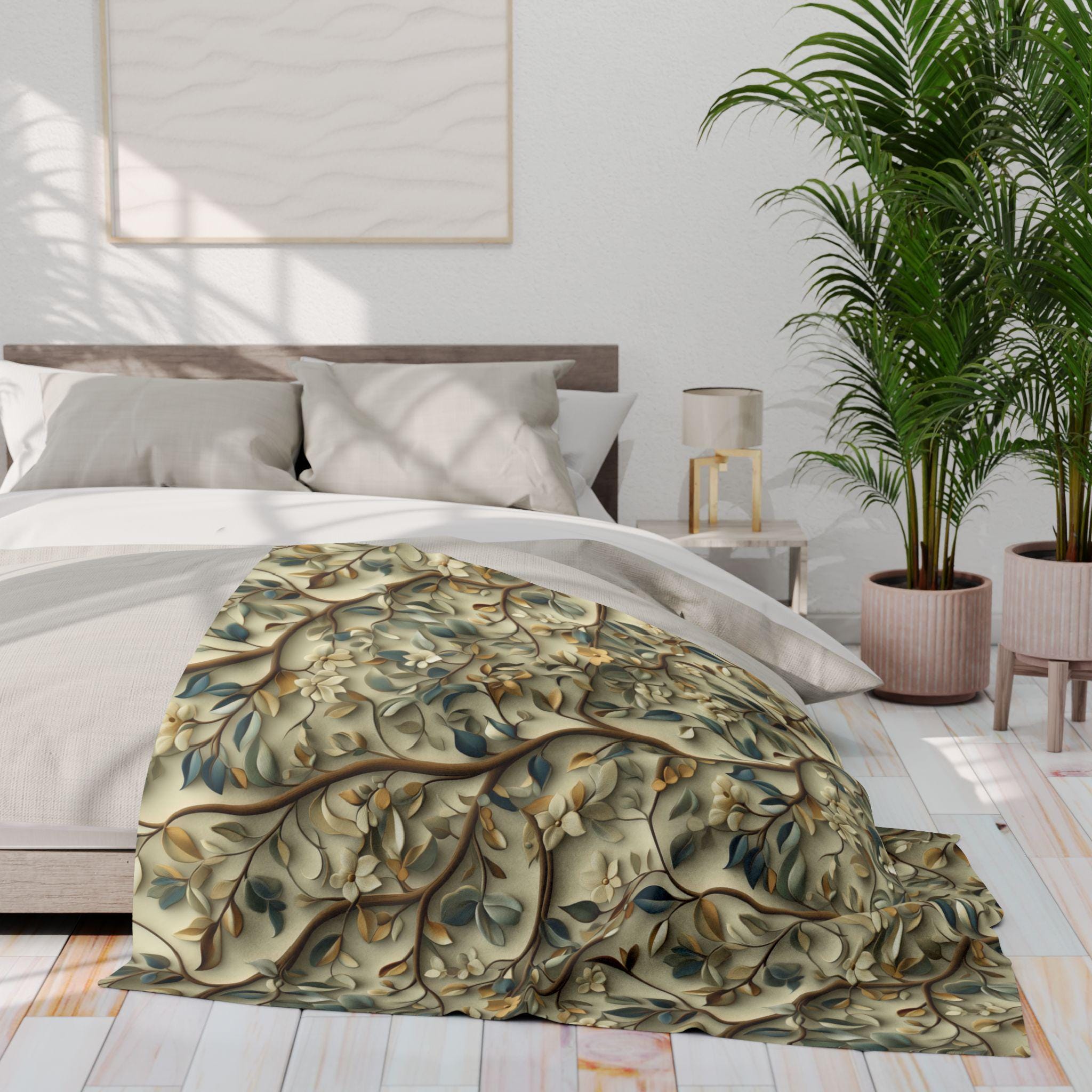 Botanical William Morris Inspired Fleece Blanket, Floral Green Gold White Beige Throw Blanket