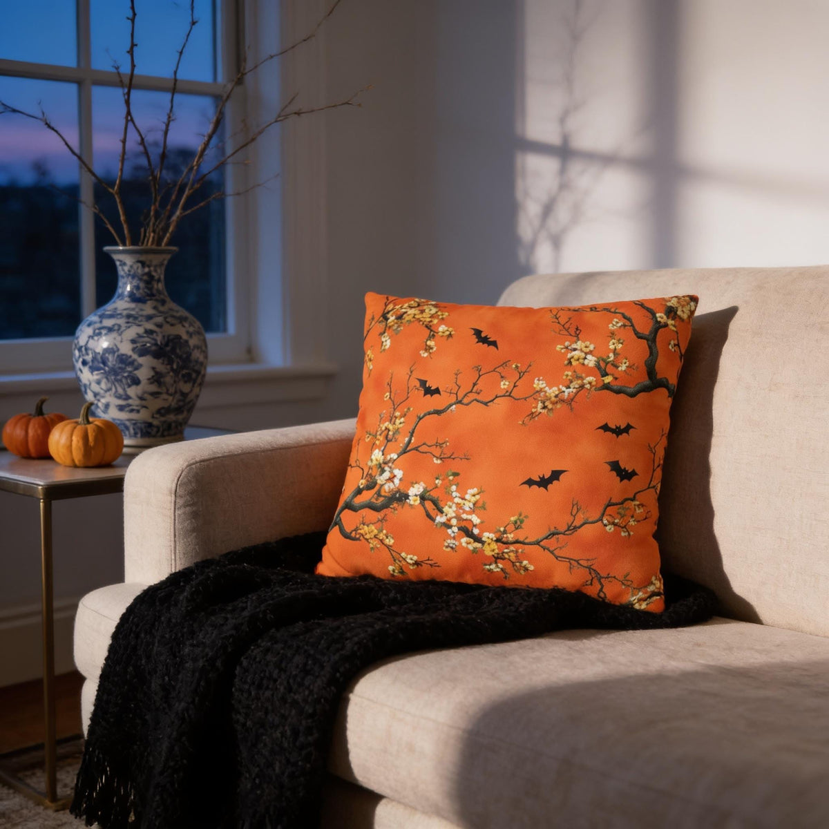 Halloween Chinoiserie Pillow Cover: Bright Orange Five Bats Decor