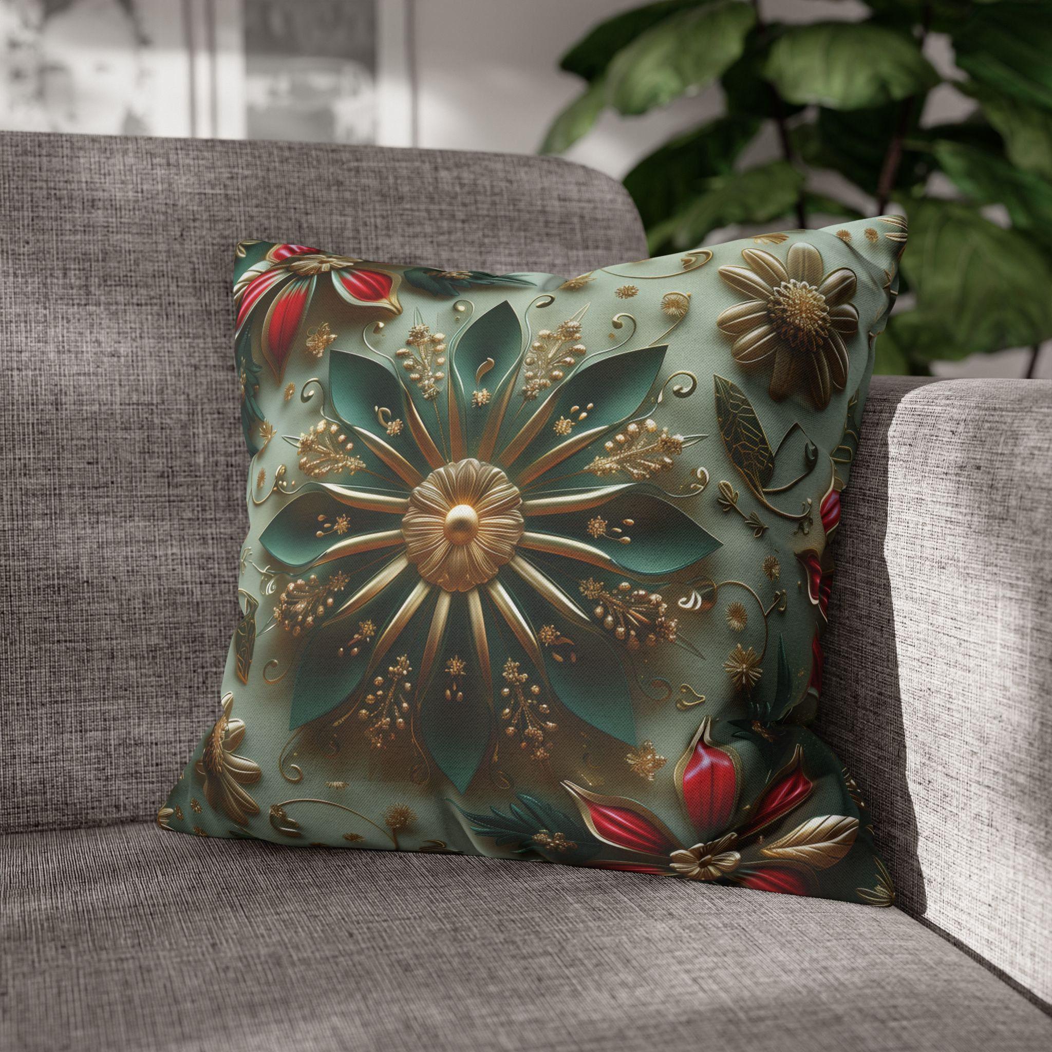 Elegant Christmas Pillow Cover: Snowflake, Poinsettias, Gold Details