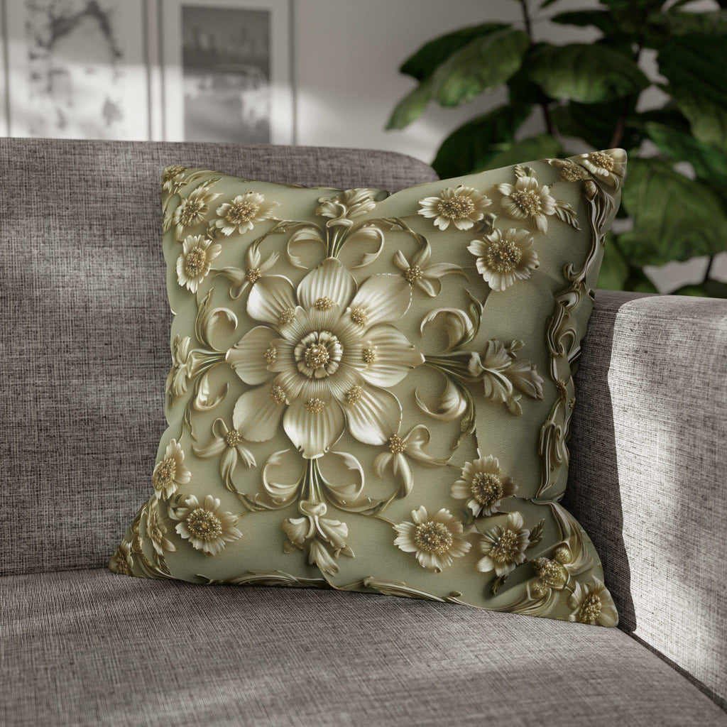 French Floral Pillow Cover: Sage Green & Gold Bloom Cushion