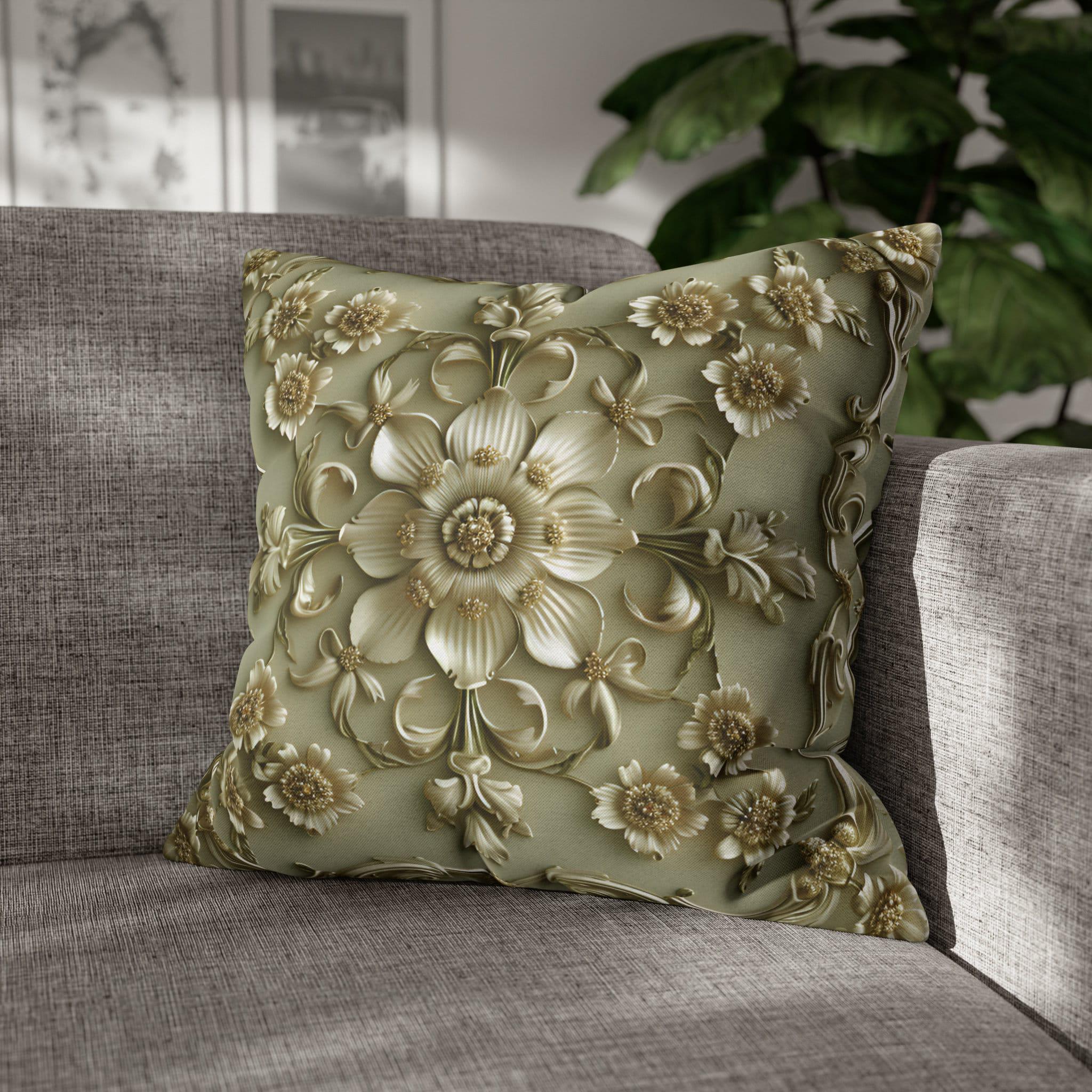 French Floral Pillow Cover: Sage Green & Gold Bloom Cushion