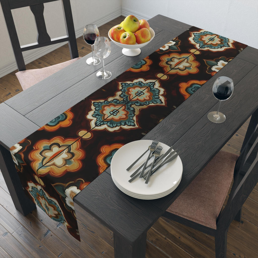 Earthy Mandala Table Runner: Boho Tile Pattern in Burnt Orange, Teal, and Espresso