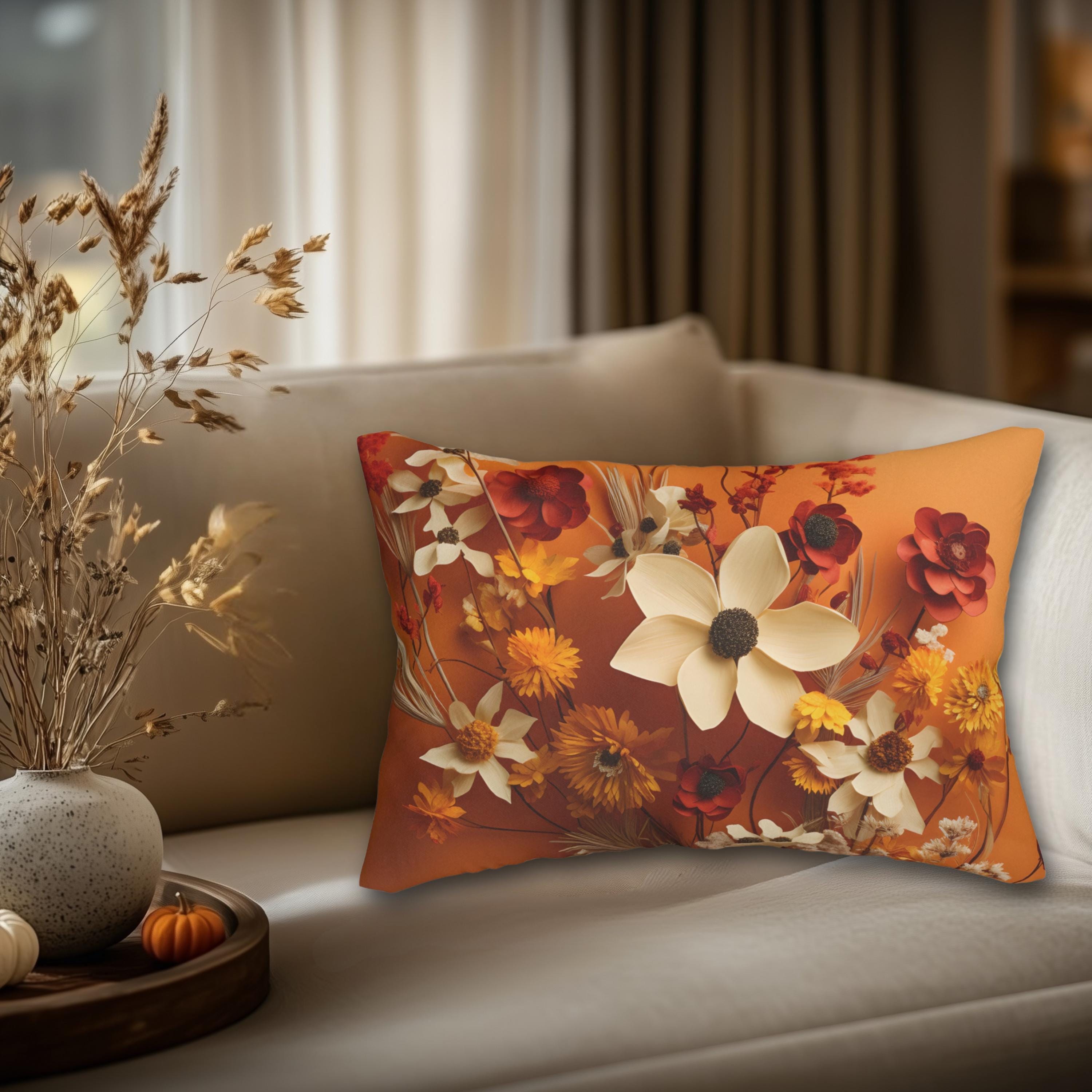 Autumn Wildflower Lumbar Throw Pillow - Rusty Orange Floral Decorative Cushion for Fall Home Decor