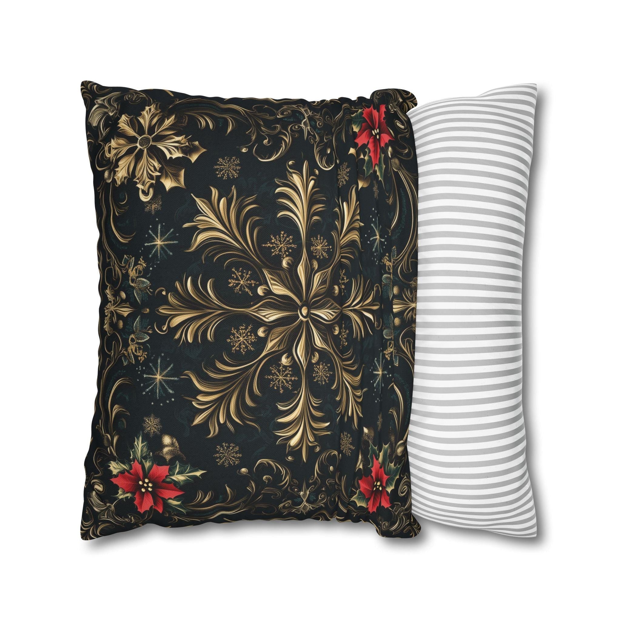 Victorian Christmas Throw Pillow Cover: Gold and Navy Snowflake & Poinsettia Holiday Accent Decor