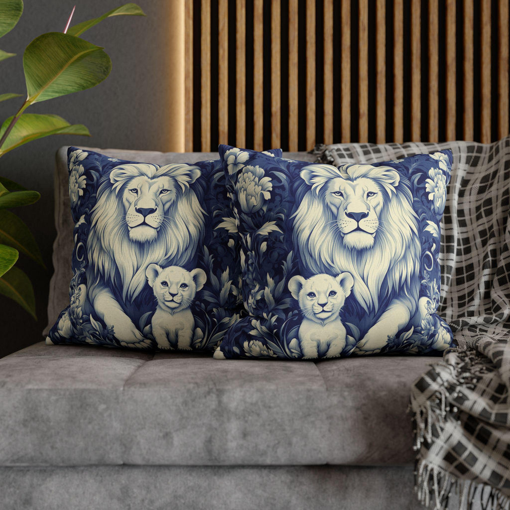 William Morris Inspired Lion Pillow Cover: Blue & White Floral Jungle Motif Decorative Cushion Case