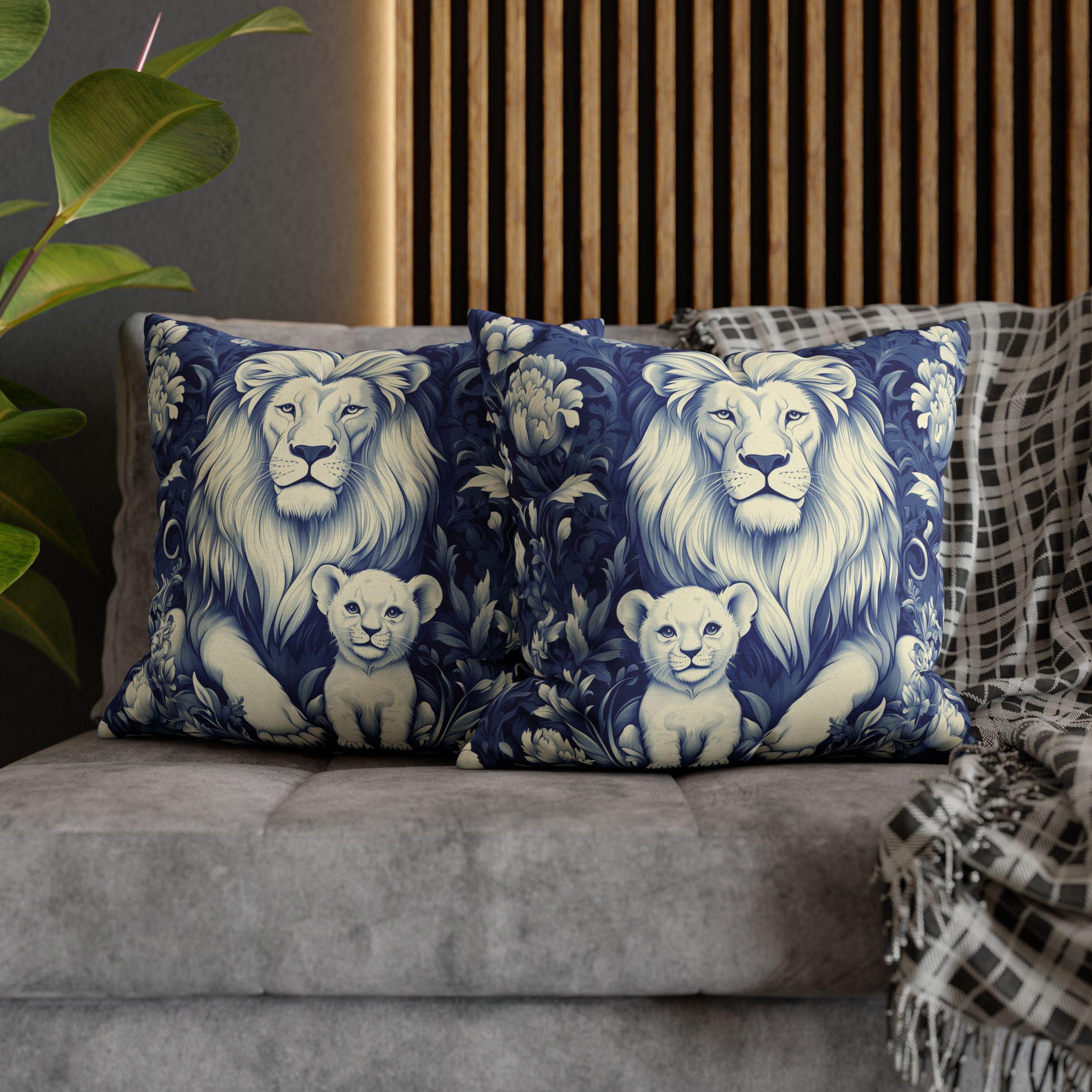 William Morris Inspired Lion Pillow Cover: Blue & White Floral Jungle Motif Decorative Cushion Case