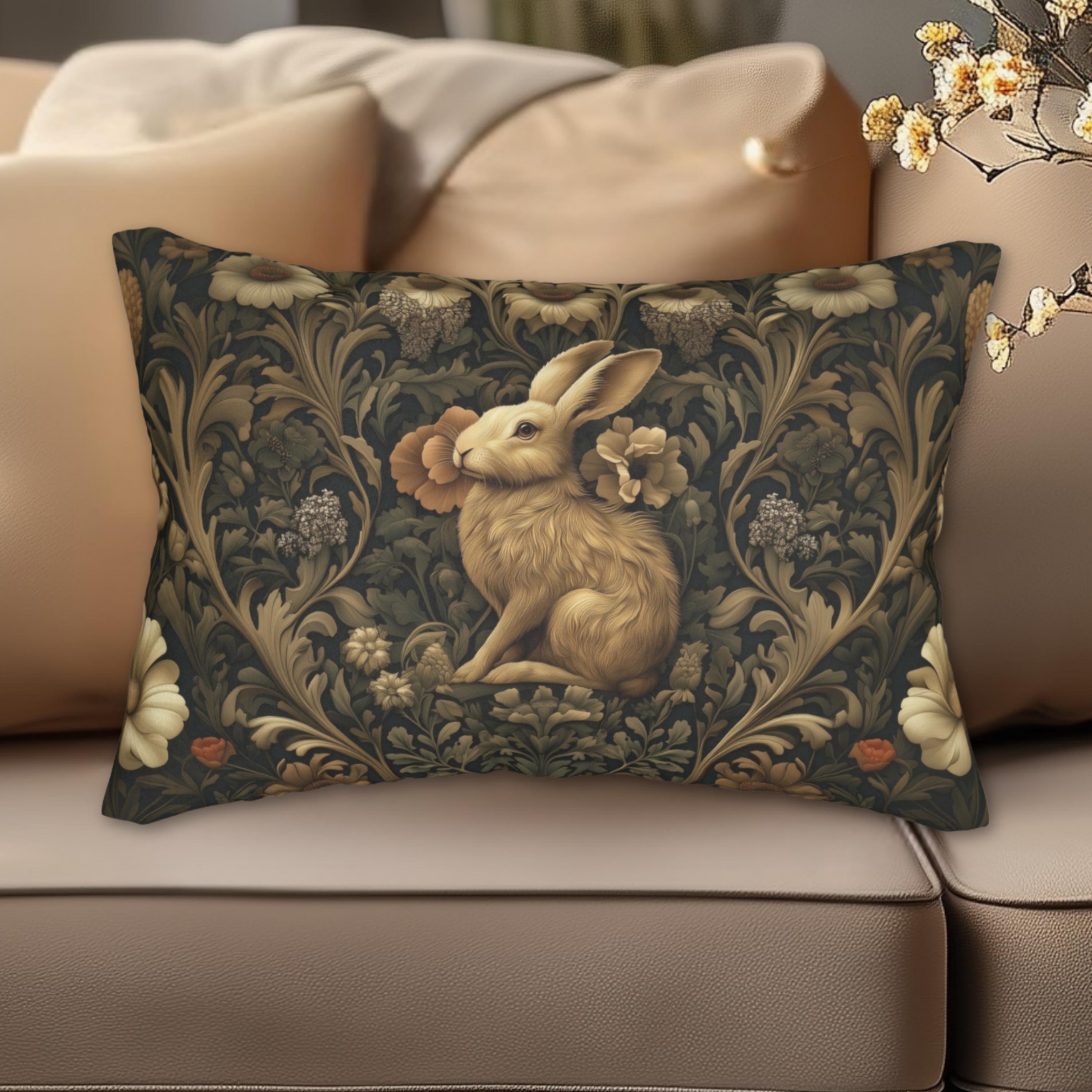 William Morris Inspired Wild Hare Lumbar Pillow: Garden Botanical Woodland Design