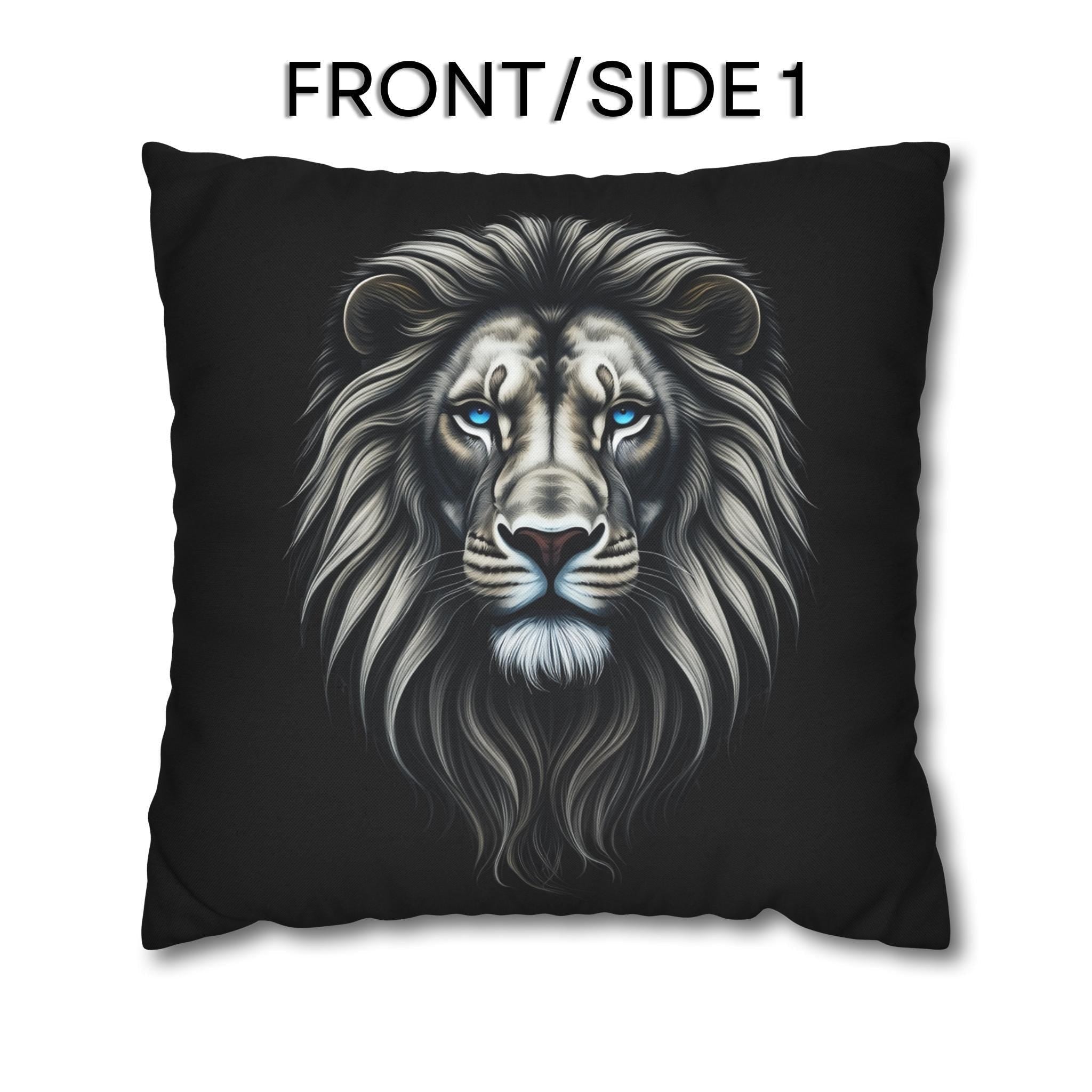 Midnight Mane Lion Pillow Cover: Ice-Blue Gaze Edition