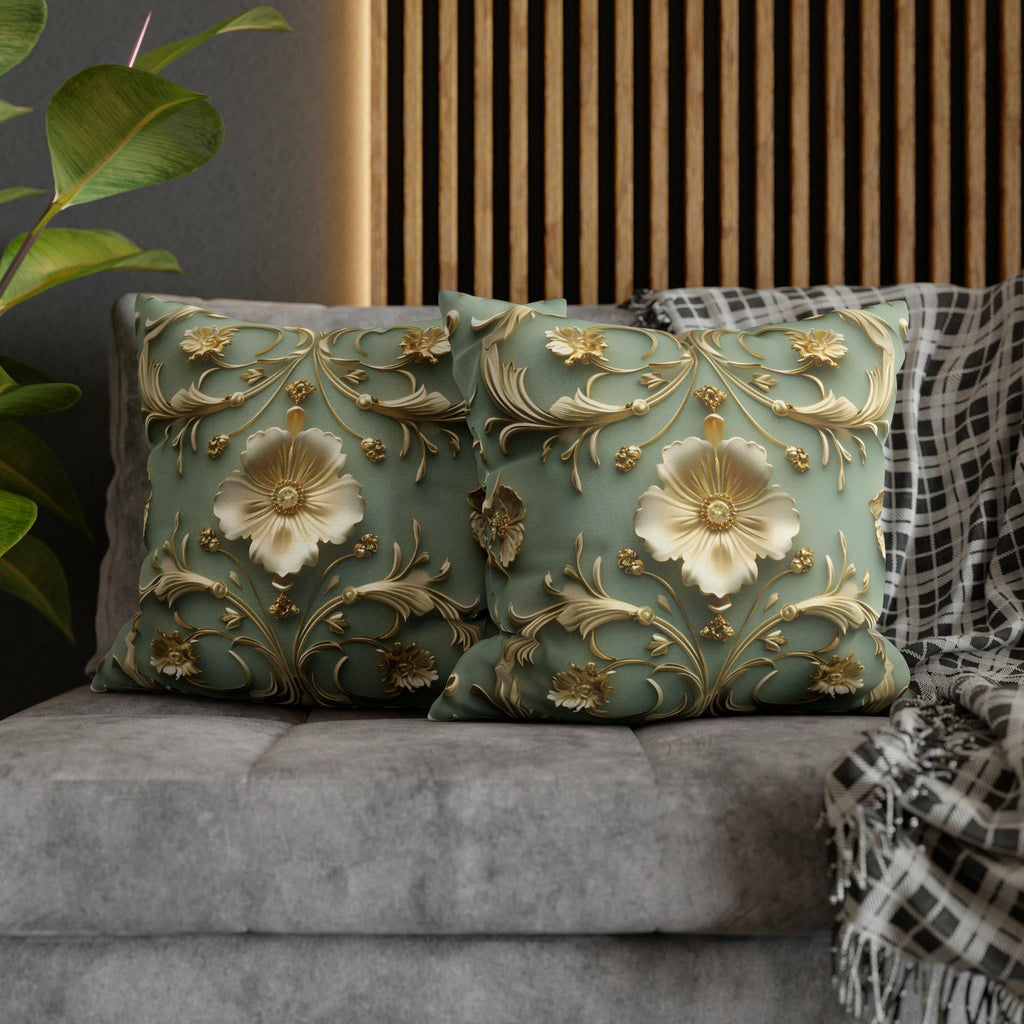 Elegant French Floral 3D Pillow Cover: Teal Blue & Gold Intricate Design for Classical Decor