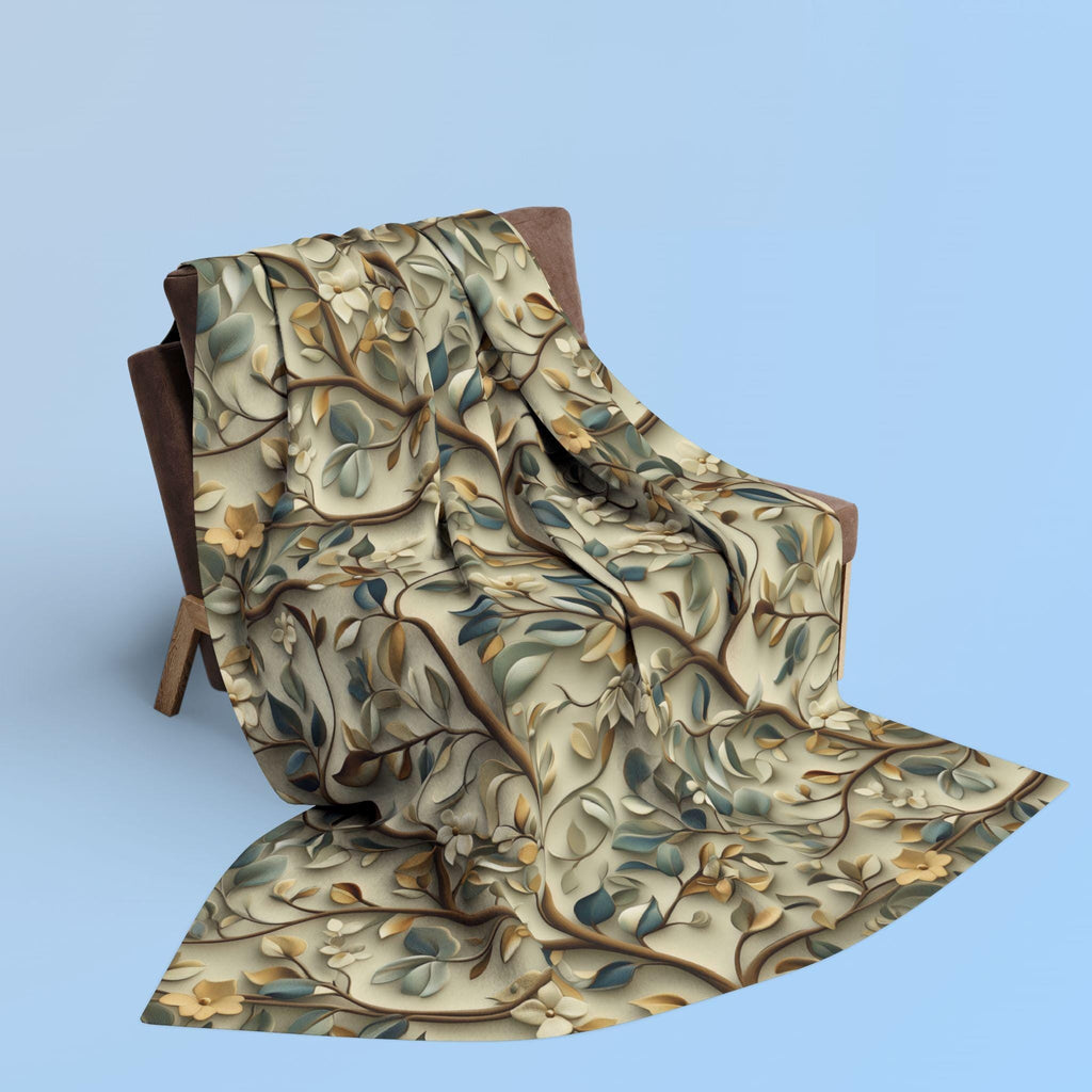 Botanical William Morris Inspired Fleece Blanket, Floral Green Gold White Beige Throw Blanket