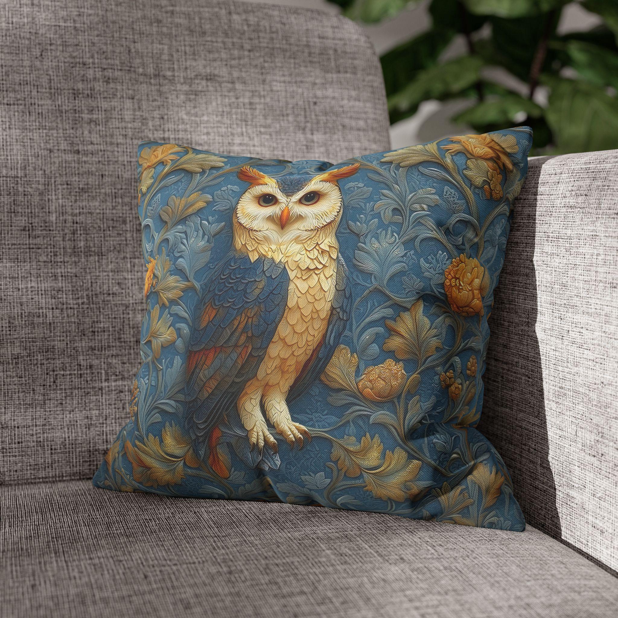 William Morris Style Throw Pillow Cover: Blue and Gold Owl Design