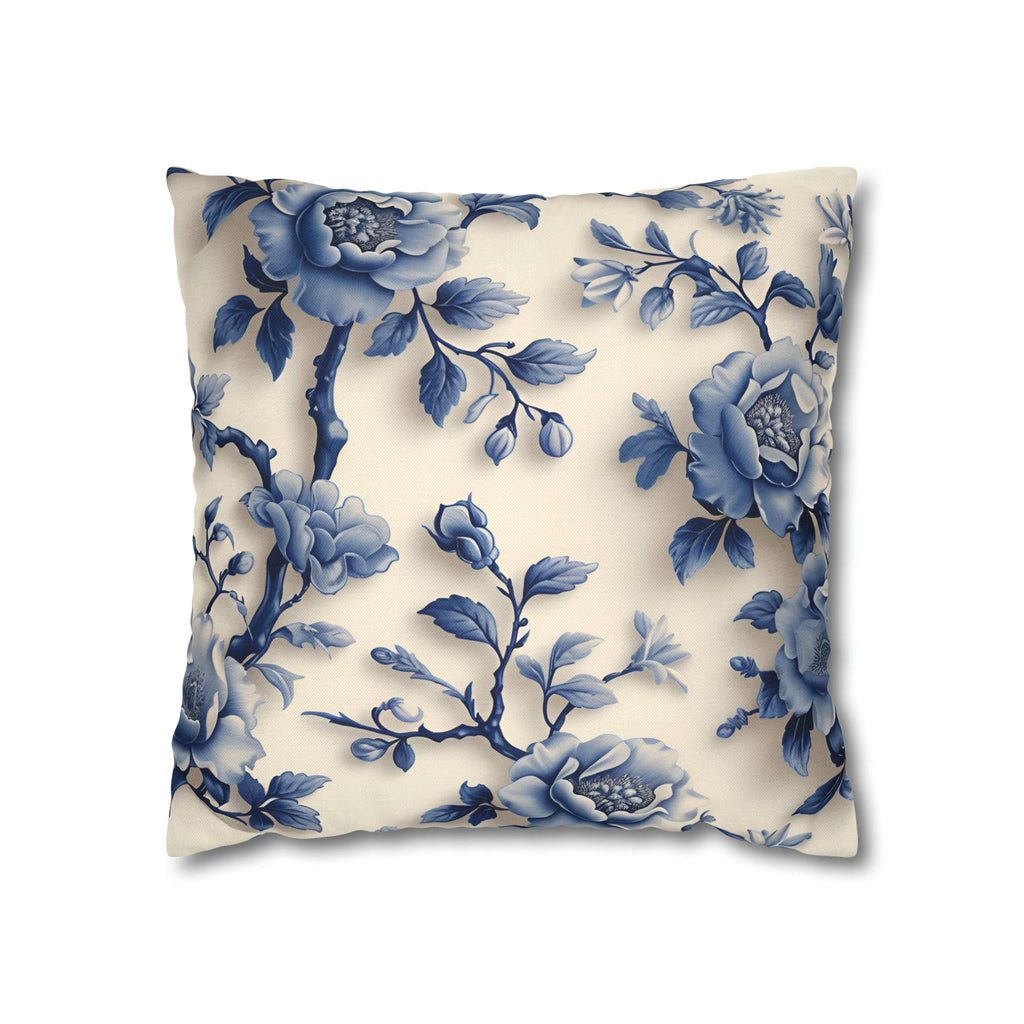 Elegant Chinoiserie Blue Floral Pillow Cover: Porcelain-Inspired Off-White