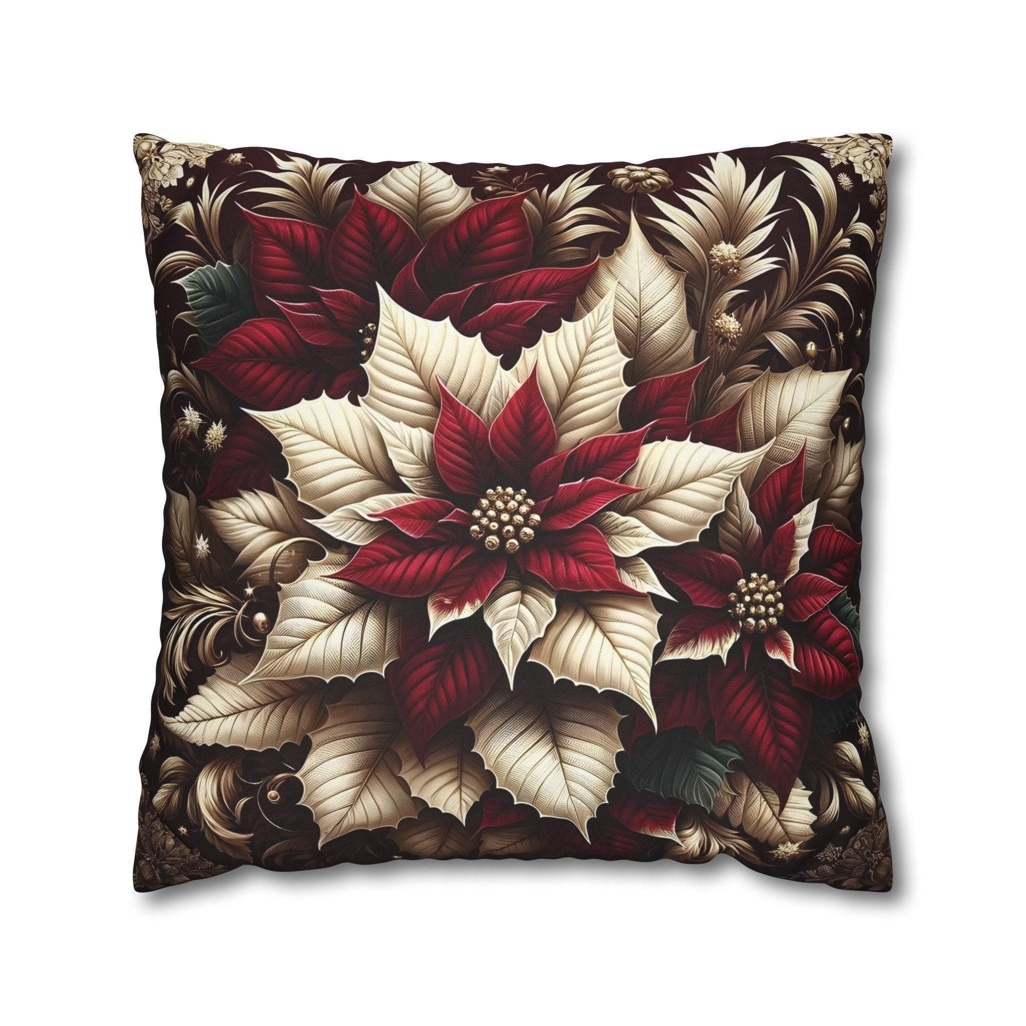 Sophisticated Burgundy & Gold Poinsettia Christmas Pillow Cover | Elegant Holiday Decor