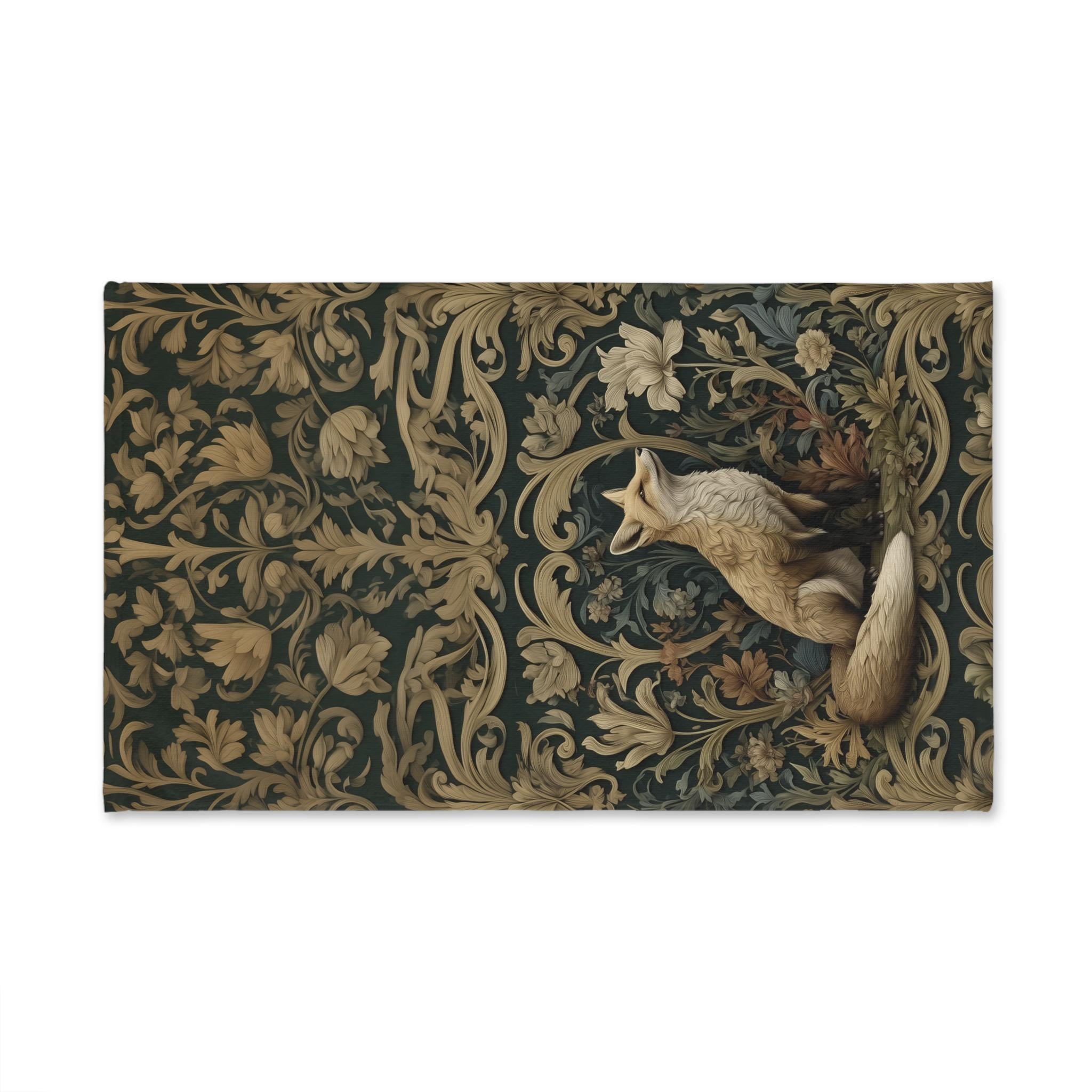 William Morris Fox Hand Towel: Dark Woodland Botanical Arts & Crafts Decor