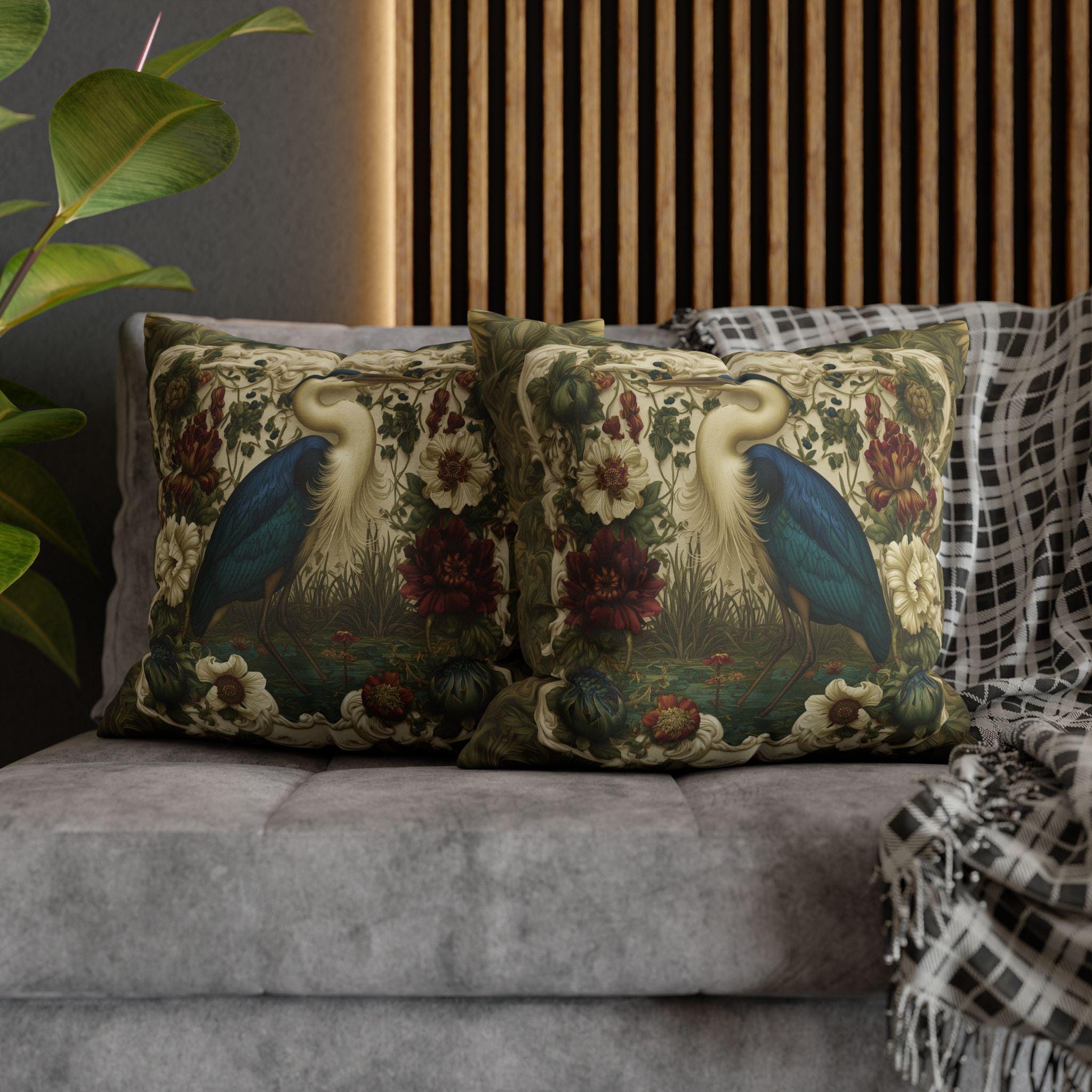 William Morris Style Heron Pillow Cover: Botanical Marsh Floral Art