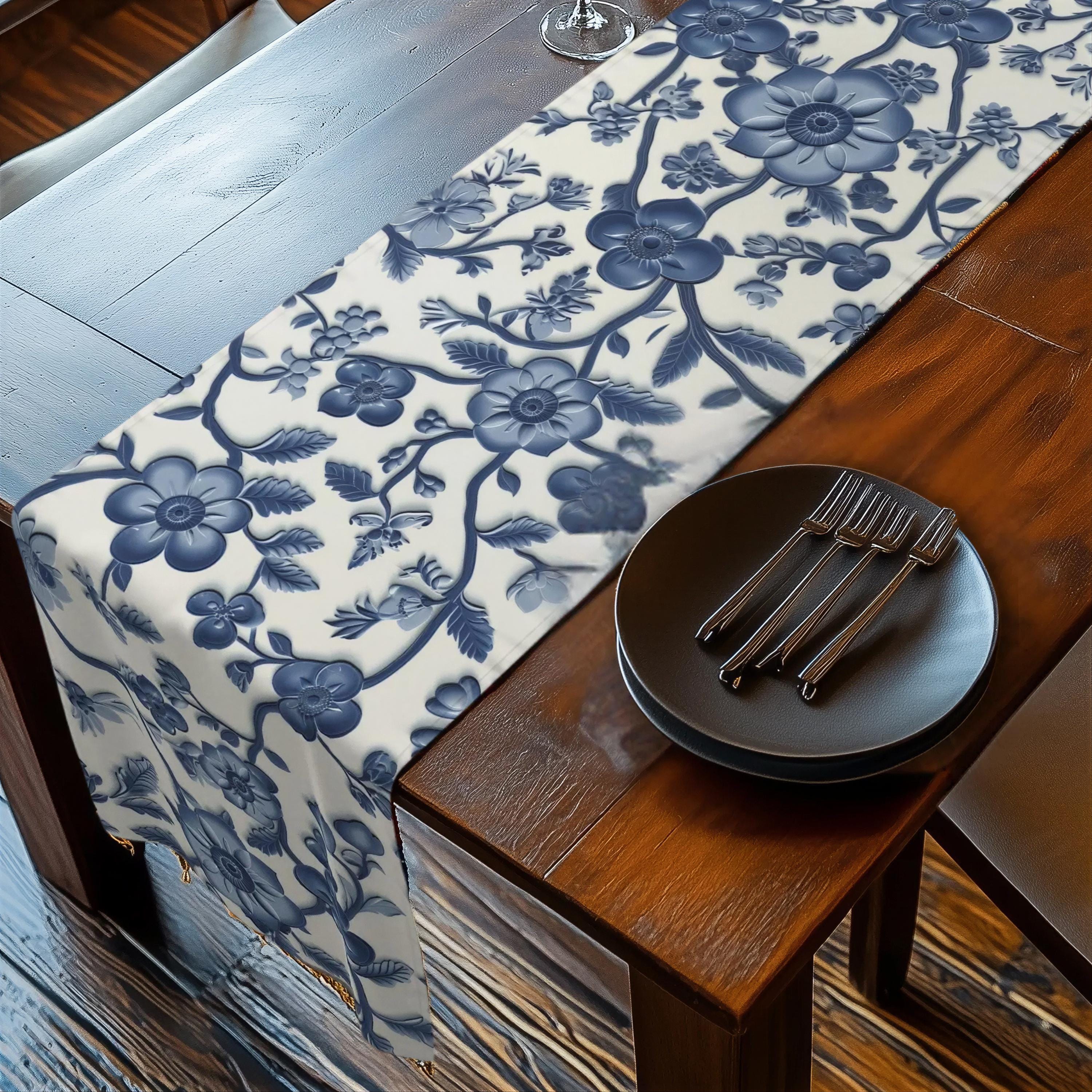 Elegant Chinoiserie Blue & White Table Runner: Traditional Pottery-Inspired Dining Decor
