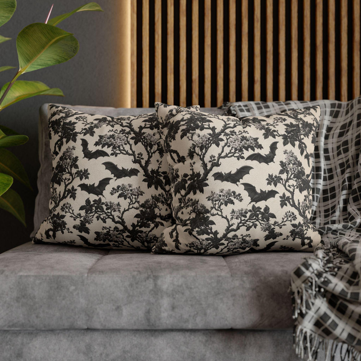 Chinoiserie Five Bats Pillow Cover: Black and Cream Halloween Floral