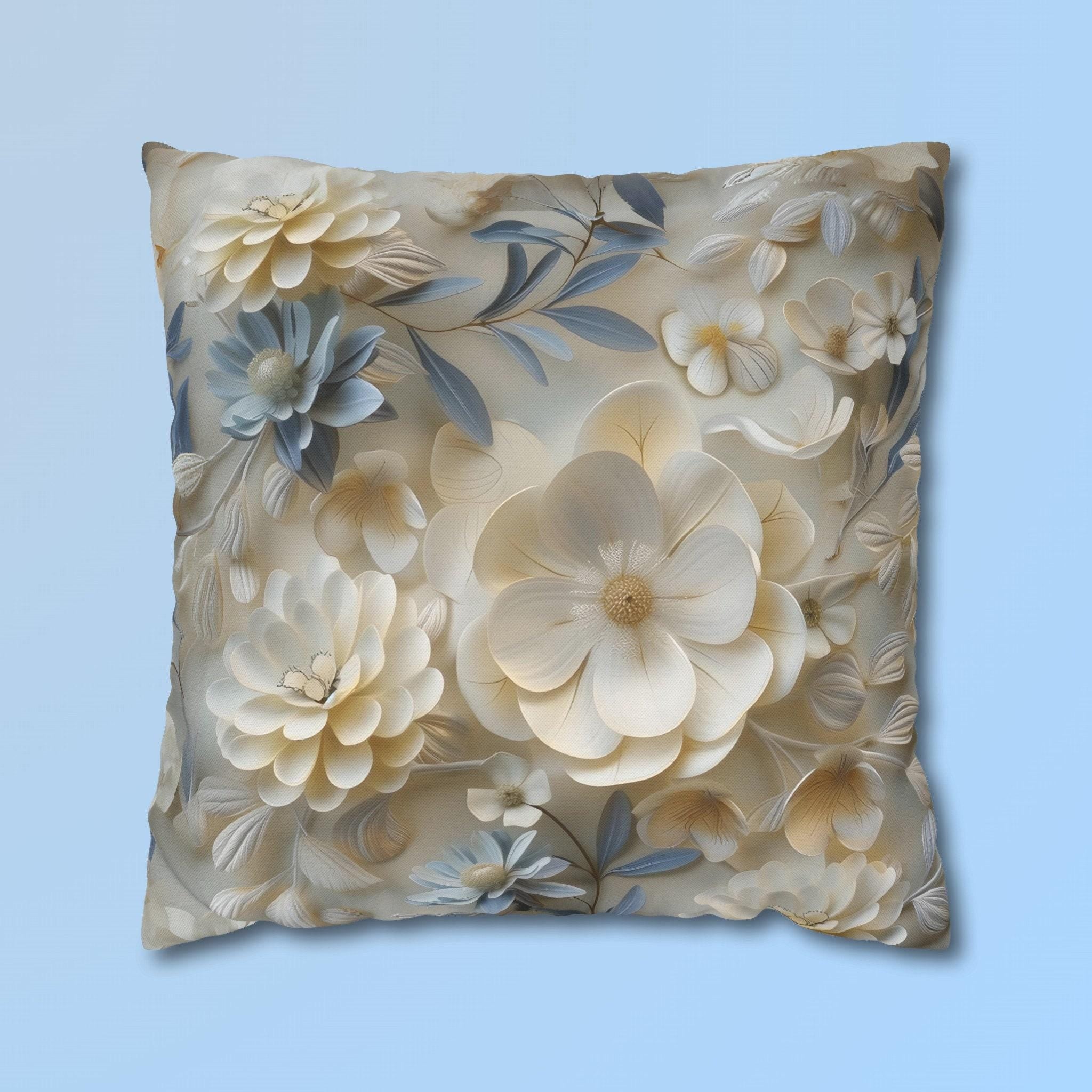 Floral Pillow Cover: Cream, Ivory & Blue Blossoms, Elegant Home Decor