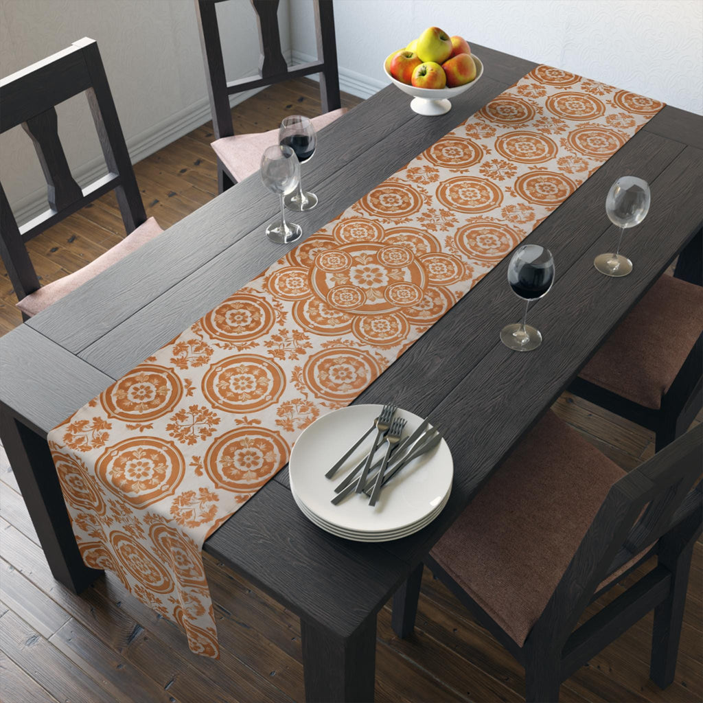 Elegant Terracotta & Ivory Damask Table Runner: French Country Farmhouse Dining Decor