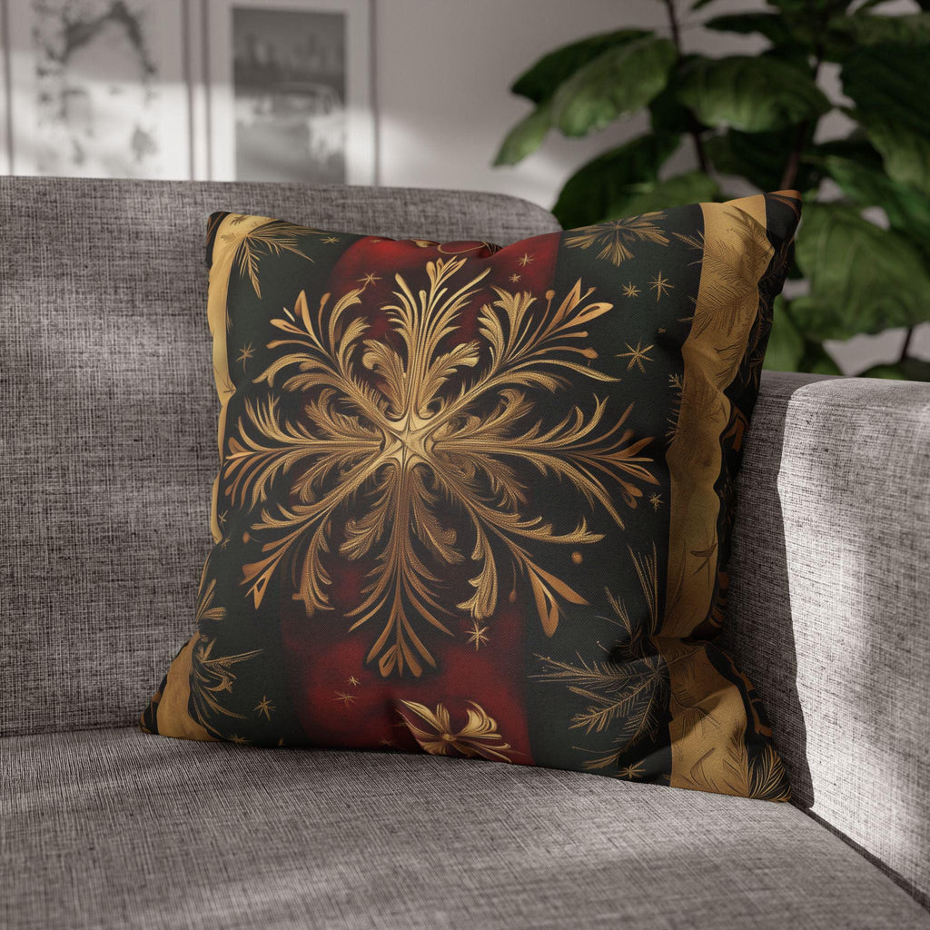 Elegant Holiday Snowflake Pillow Cover: Festive Red, Green & Gold Striped Christmas Decor for Home