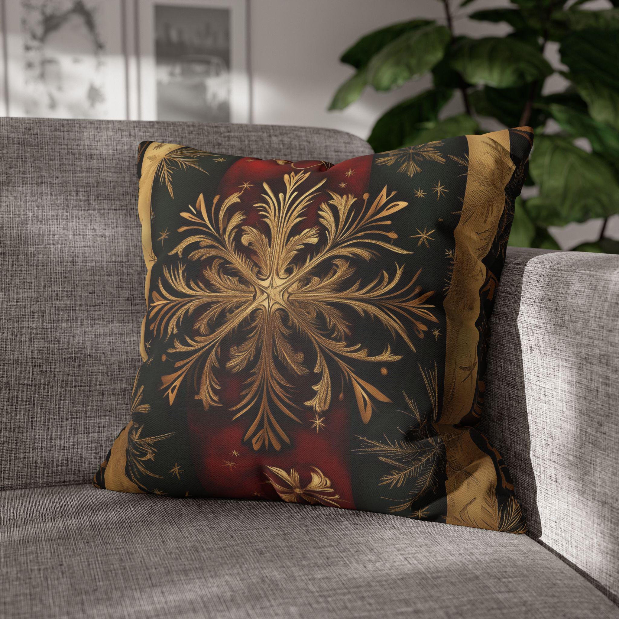 Elegant Holiday Snowflake Pillow Cover: Festive Red, Green & Gold Striped Christmas Decor for Home