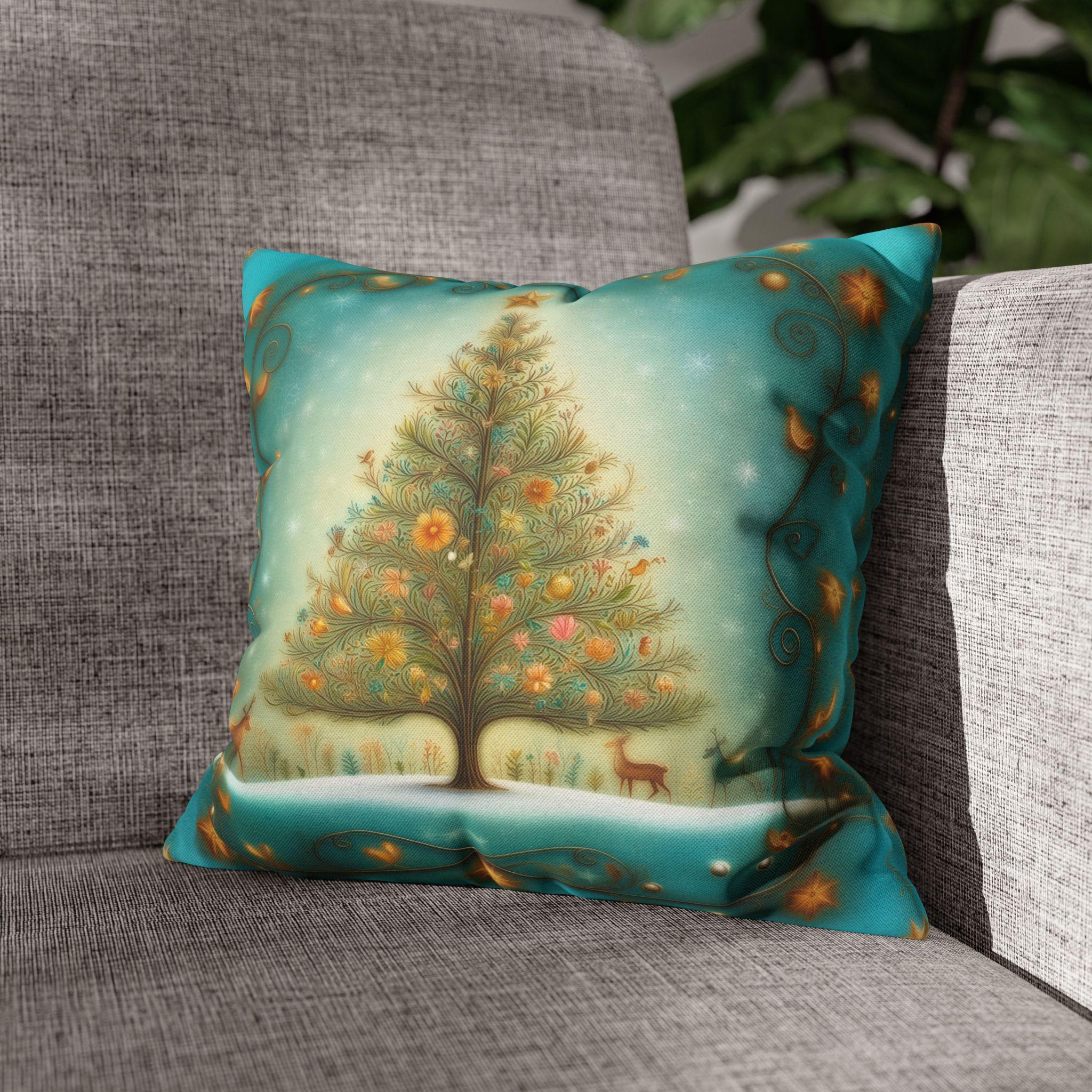 Vintage Style Teal Blue Christmas Tree Pillow Cover: Floral Winter Scene with Gold Accents
