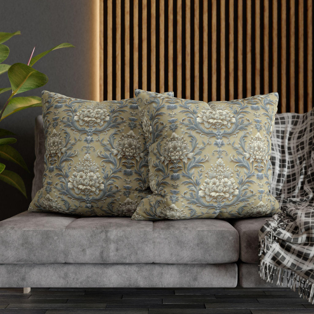 Damask Floral Pillow Cover: Blue & Gold Cushion Case - Classic Decor