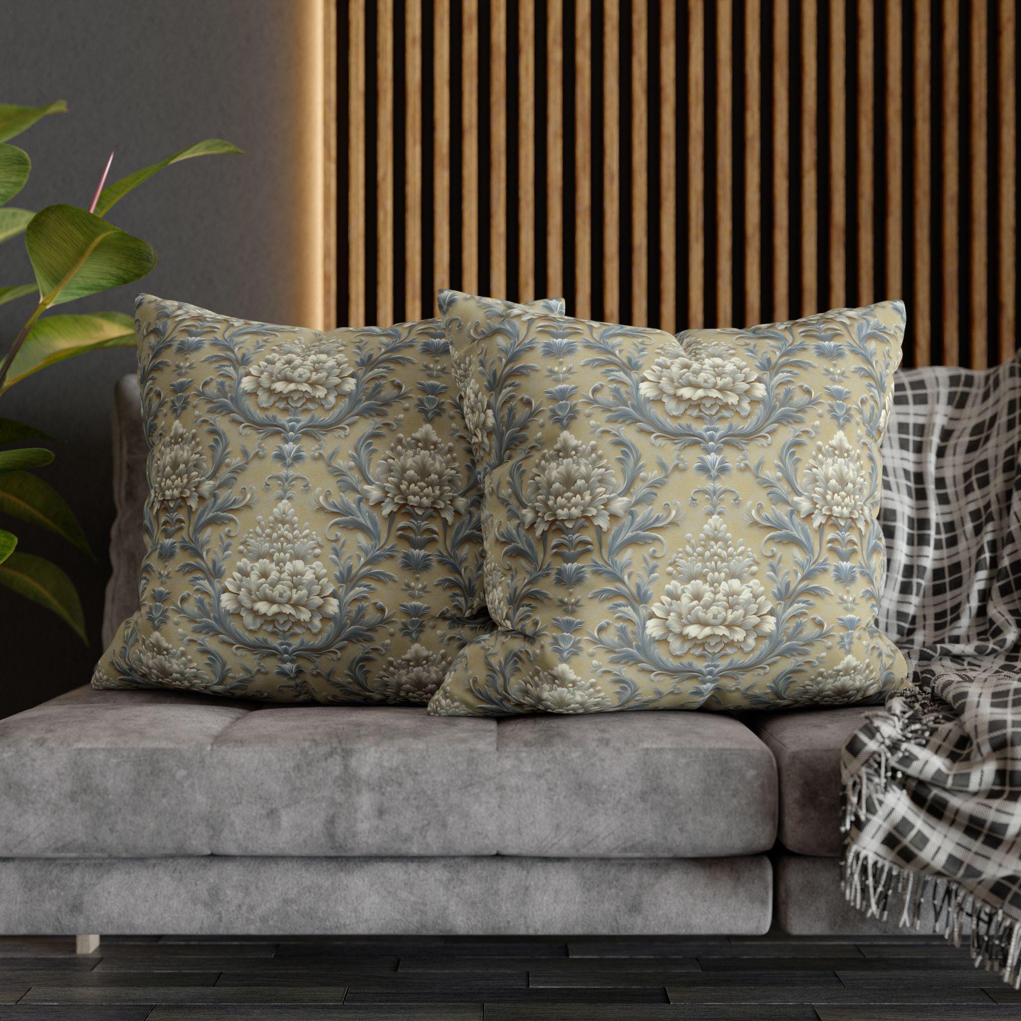 Damask Floral Pillow Cover: Blue & Gold Cushion Case - Classic Decor