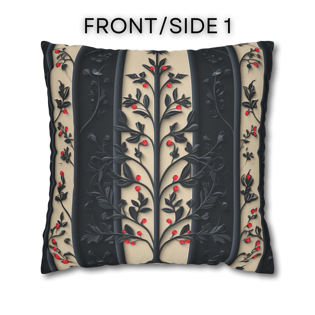 William Morris Christmas Pillow Cover: Charcoal-Navy & Ivory Stripes with Red Berries