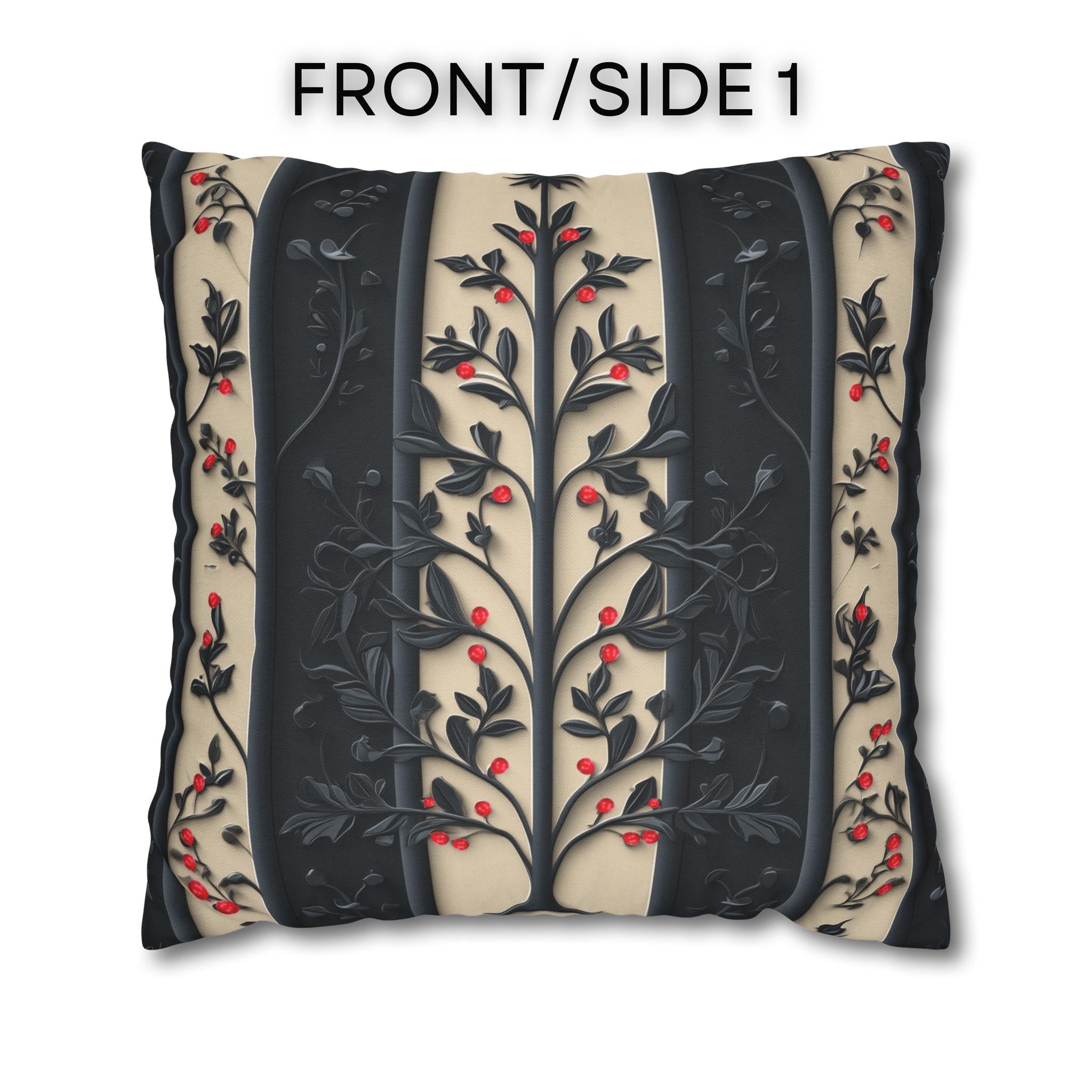 William Morris Christmas Pillow Cover: Charcoal-Navy & Ivory Stripes with Red Berries