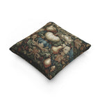 a square throw pillow with a detailed tapestry-like pattern of various fruits and leaves, including pears, apples, and other autumn-themed elements.