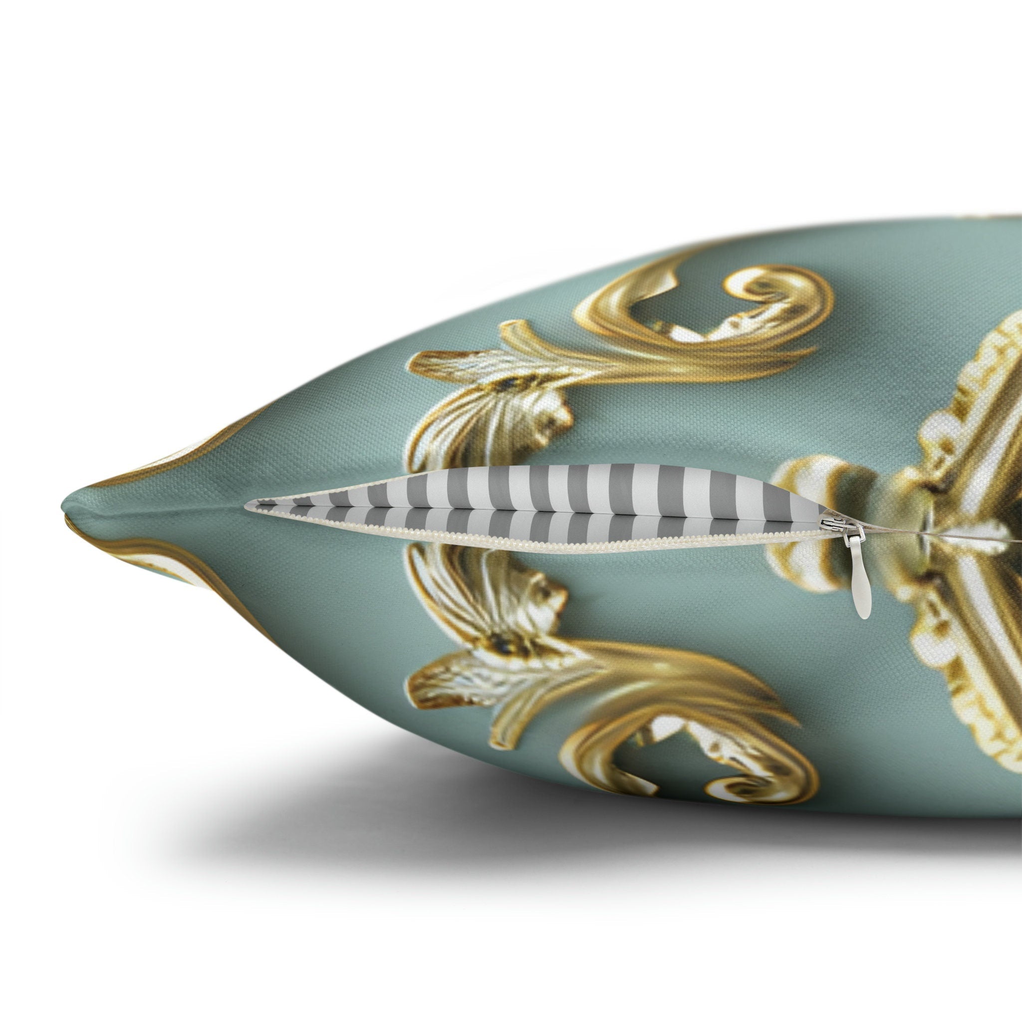 Luxurious Italian Rococo Pillow Cover: Gold Scrollwork on Soft Blue, Classical Ornate Design